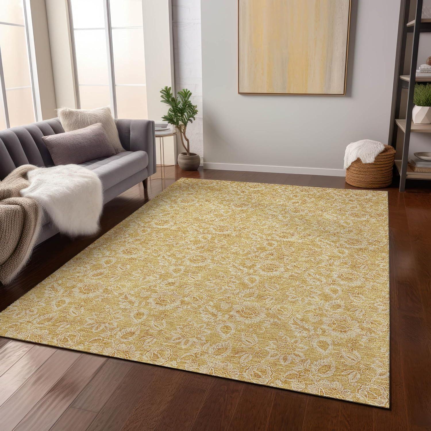 Gold Floral Pattern 8' x 10' Indoor Outdoor Area Rug