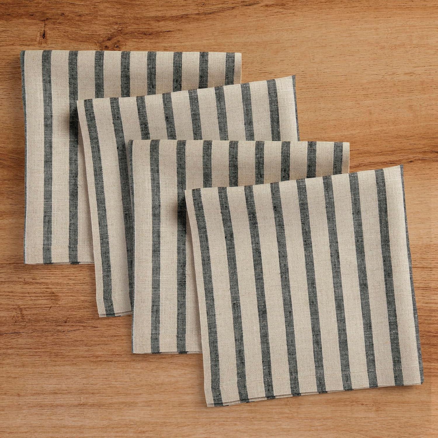 Black and Natural Linen Striped Dinner Napkins Set of 4