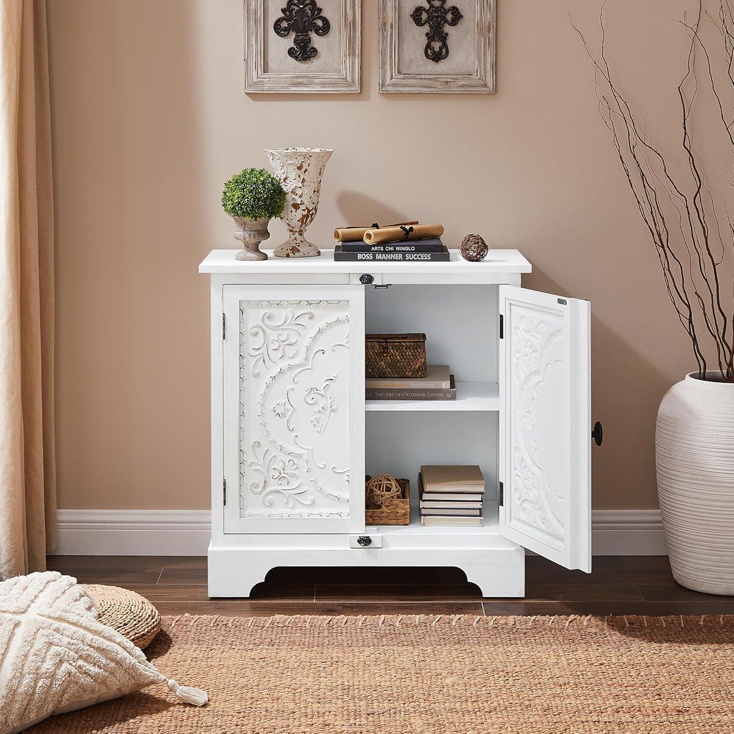 White Floral Pattern Farmhouse Sideboard with Solid Wood Legs