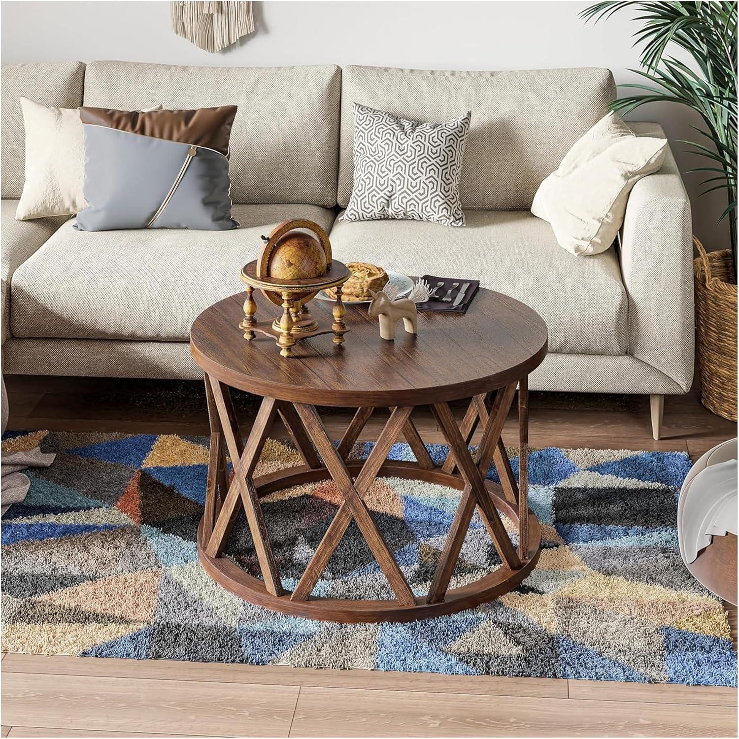 COZAYH Farmhouse Coffee Table, Rustic Round Coffee Table with X-Motifs Legs, Wood Textured Top, for Boho, French Country Decor, Brown