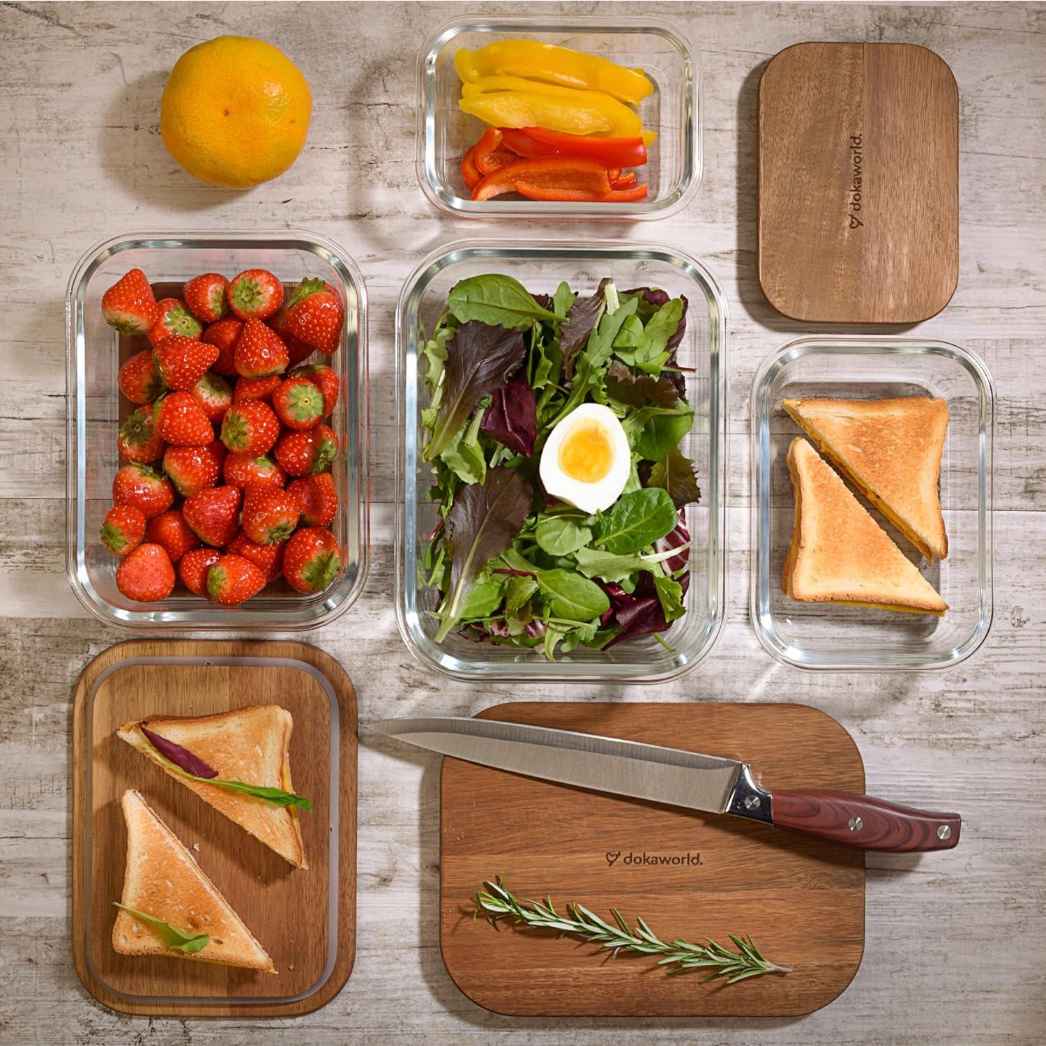 Amber Glass Meal Prep Containers with Acacia Lids, Set of 4