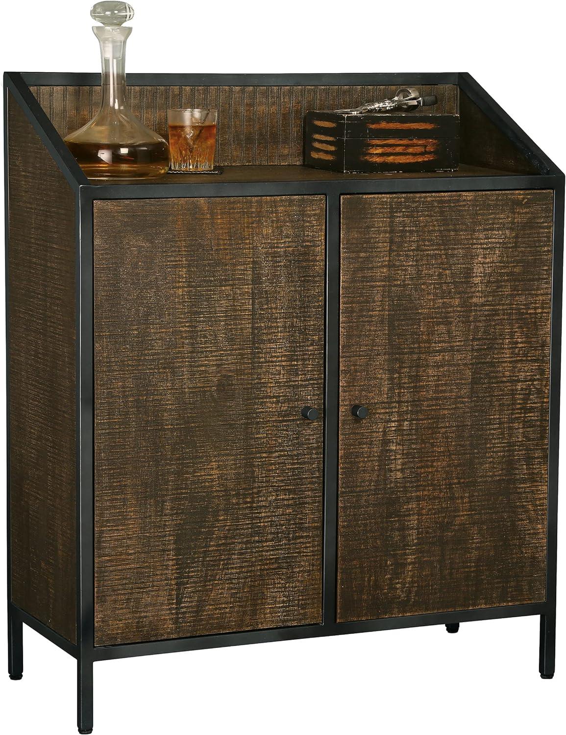 Vintage Charcoal Gray & Dark Brown Wine Bar Console with Storage