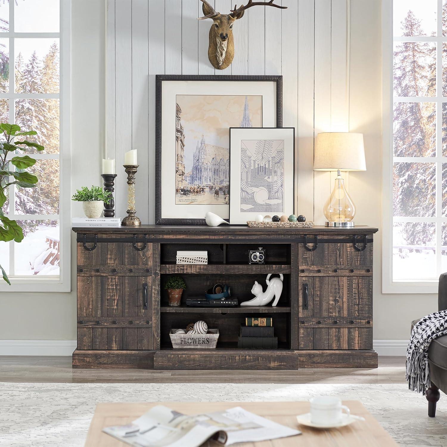 OKD 75" Wide Farmhouse Barn Door TV Stand for TVs up to 85", Entertainment Center with Wood Barn Door Storage Console, Dark Rustic Oak