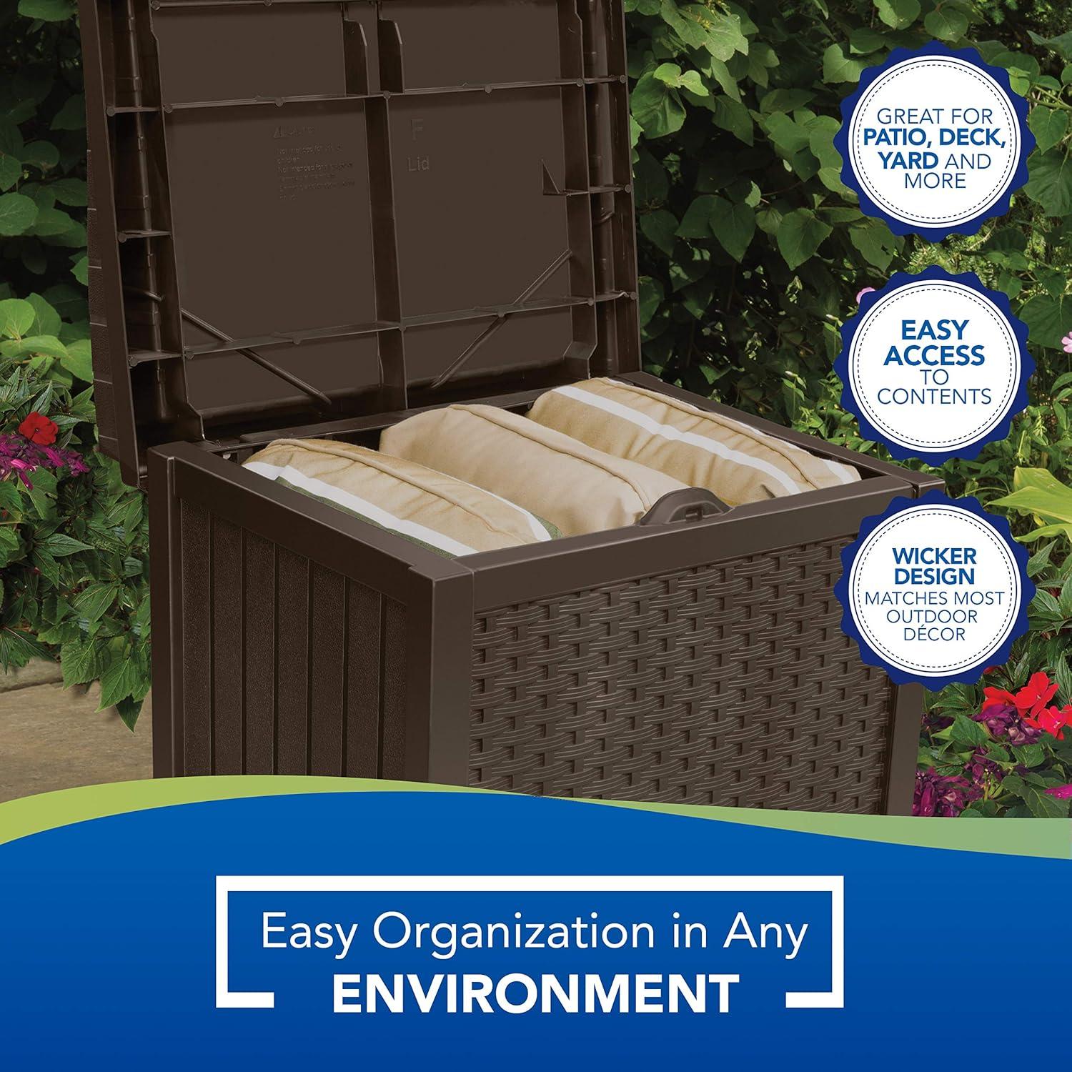 Mocha Wicker 22-Gallon Deck Box: Lightweight Resin Storage Container and Seat for Patio, Garage, Yard