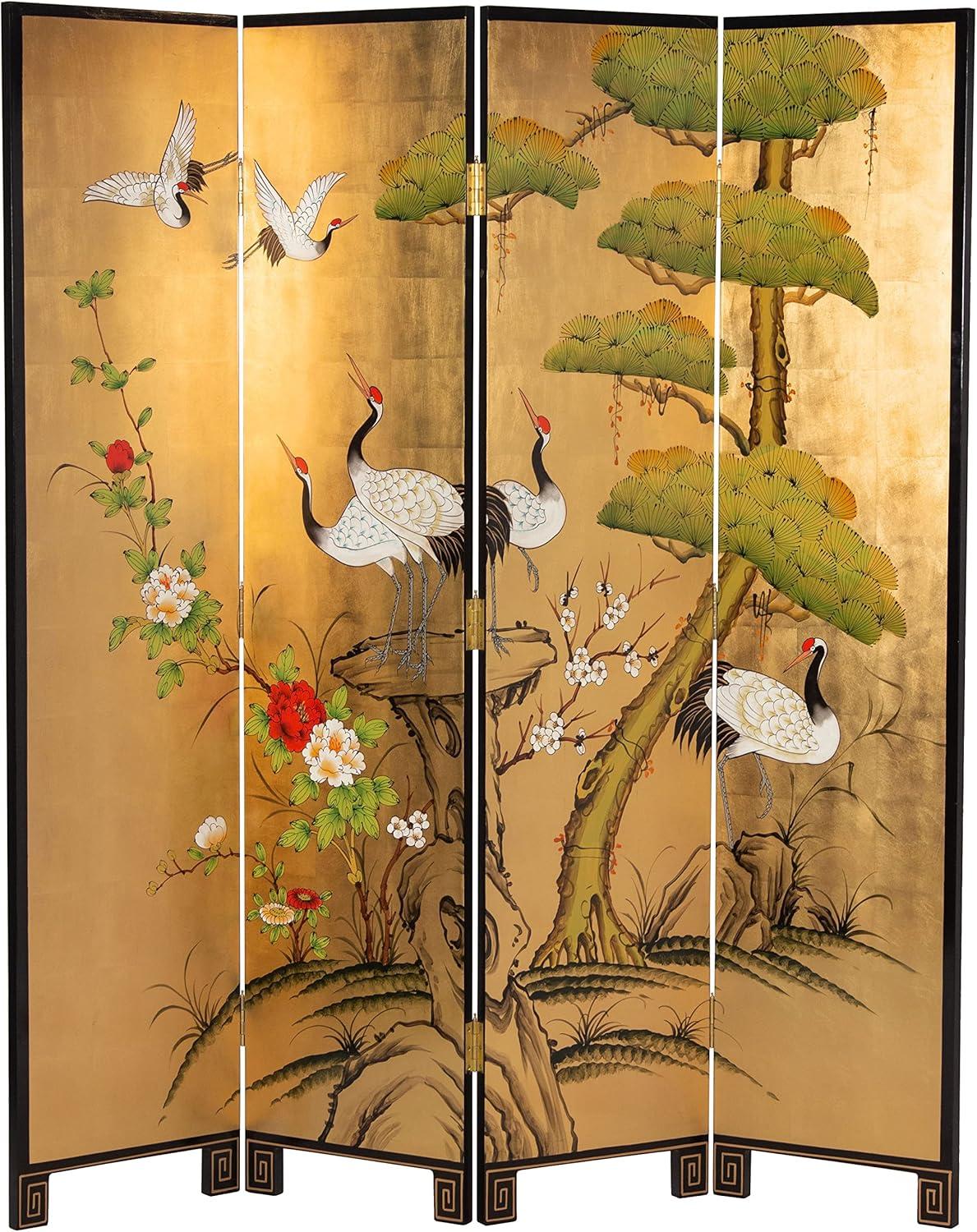 Oriental Furniture 6 ft. Tall Gold Lacquer Room Divider - Cranes