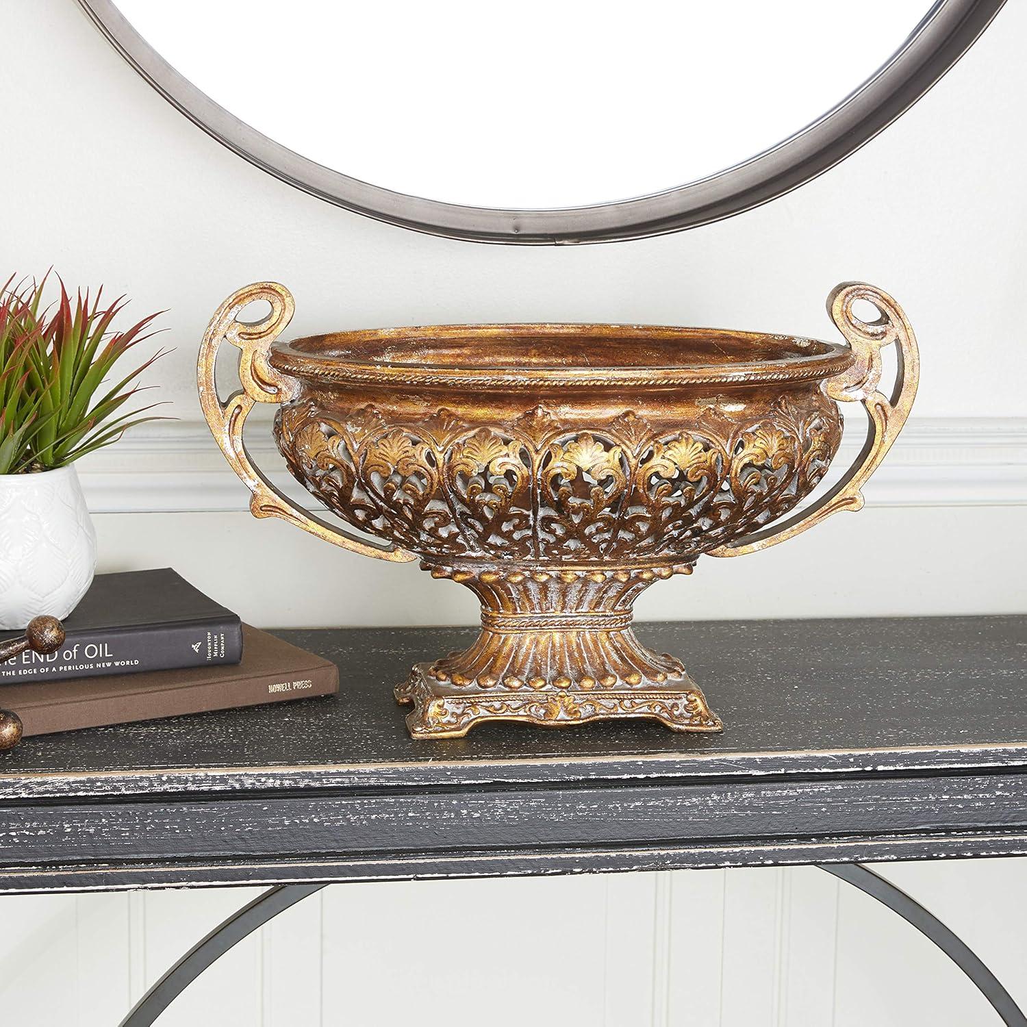 DecMode 10" Round Ornate Gold Polystone Decorative Bowl with Handles