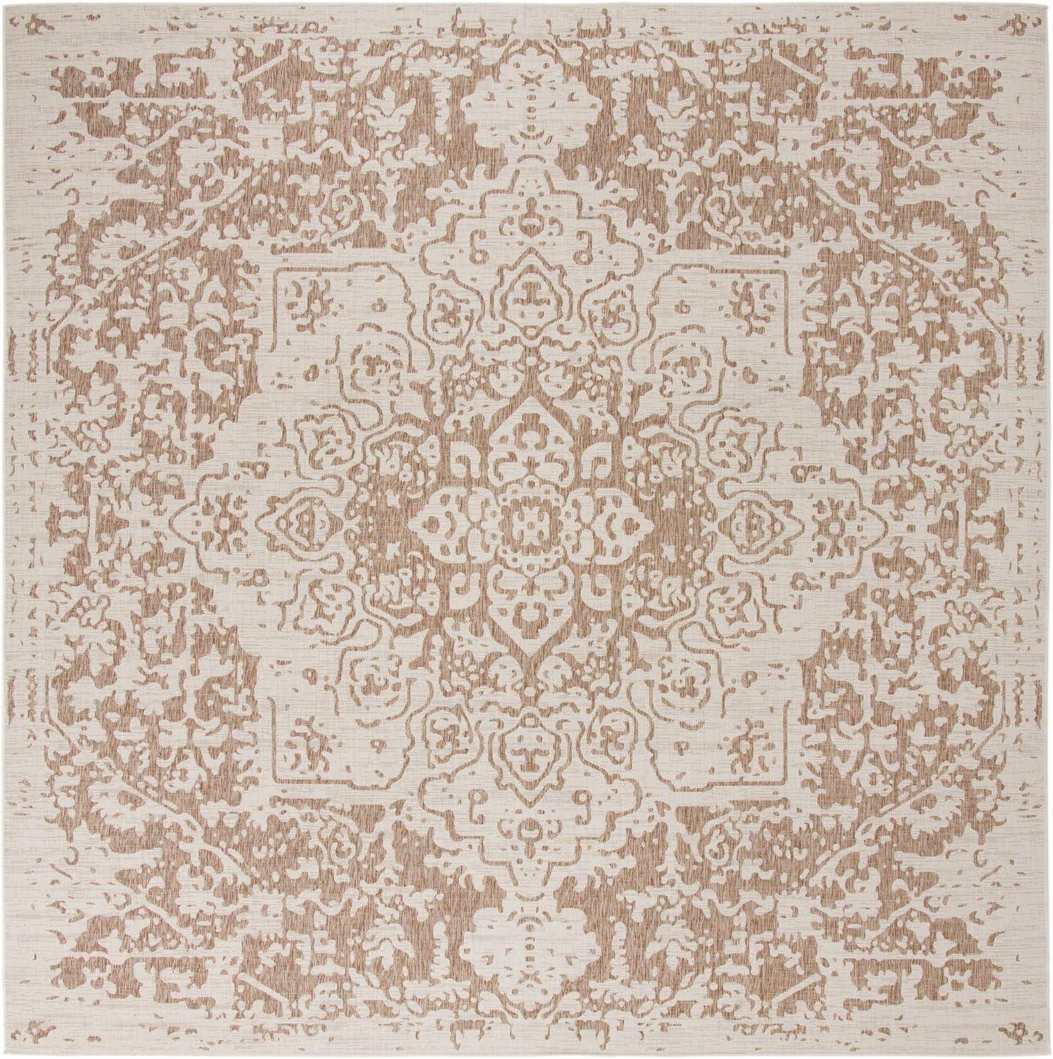 Beige and Brown Square Outdoor Flat Woven Rug