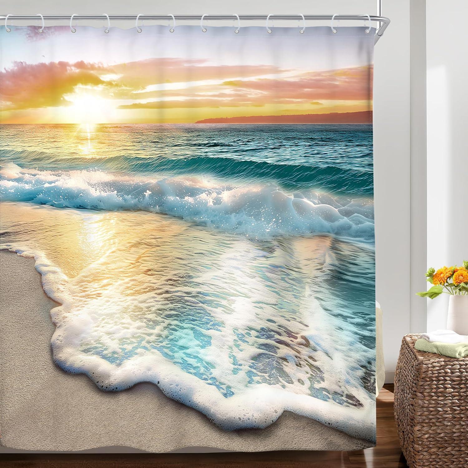 Riyidecor Beach Ocean Themed Shower Curtain Sets for Bathroom, Sunrise Sunset View Scene 71x71 Inch Hawaii Seashore Summer Coastal Seaside Seascape Cloth Fabric Decorative 12 Hooks Waterproof BB-JWXP