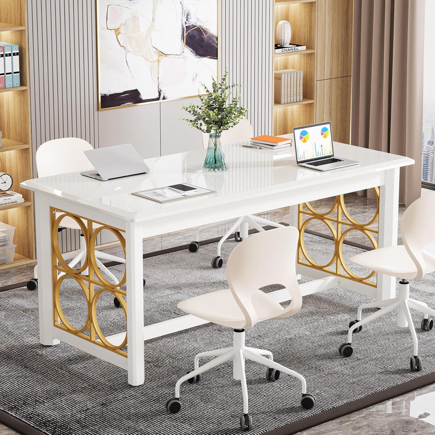 Glossy White and Gold Executive Office Desk with Geometric Design