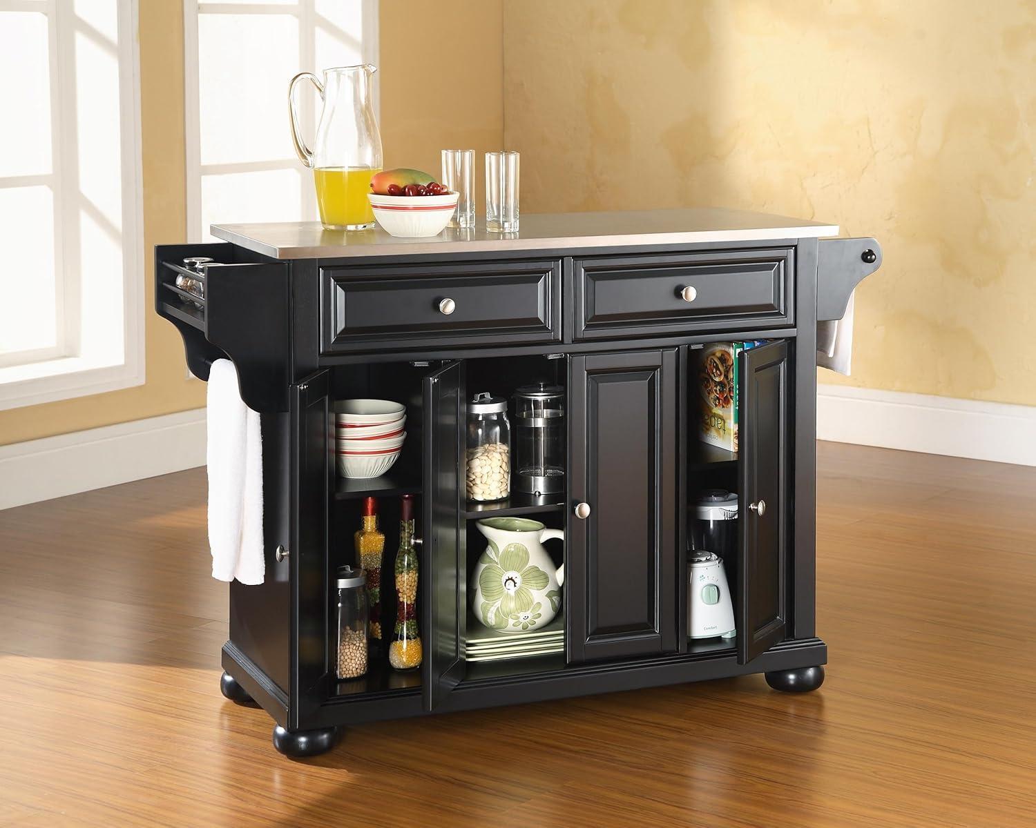 Alexandria Stainless Steel Top Kitchen Island Wood/Black - Crosley: Hardwood Frame, 6 Shelves, 2 Drawers