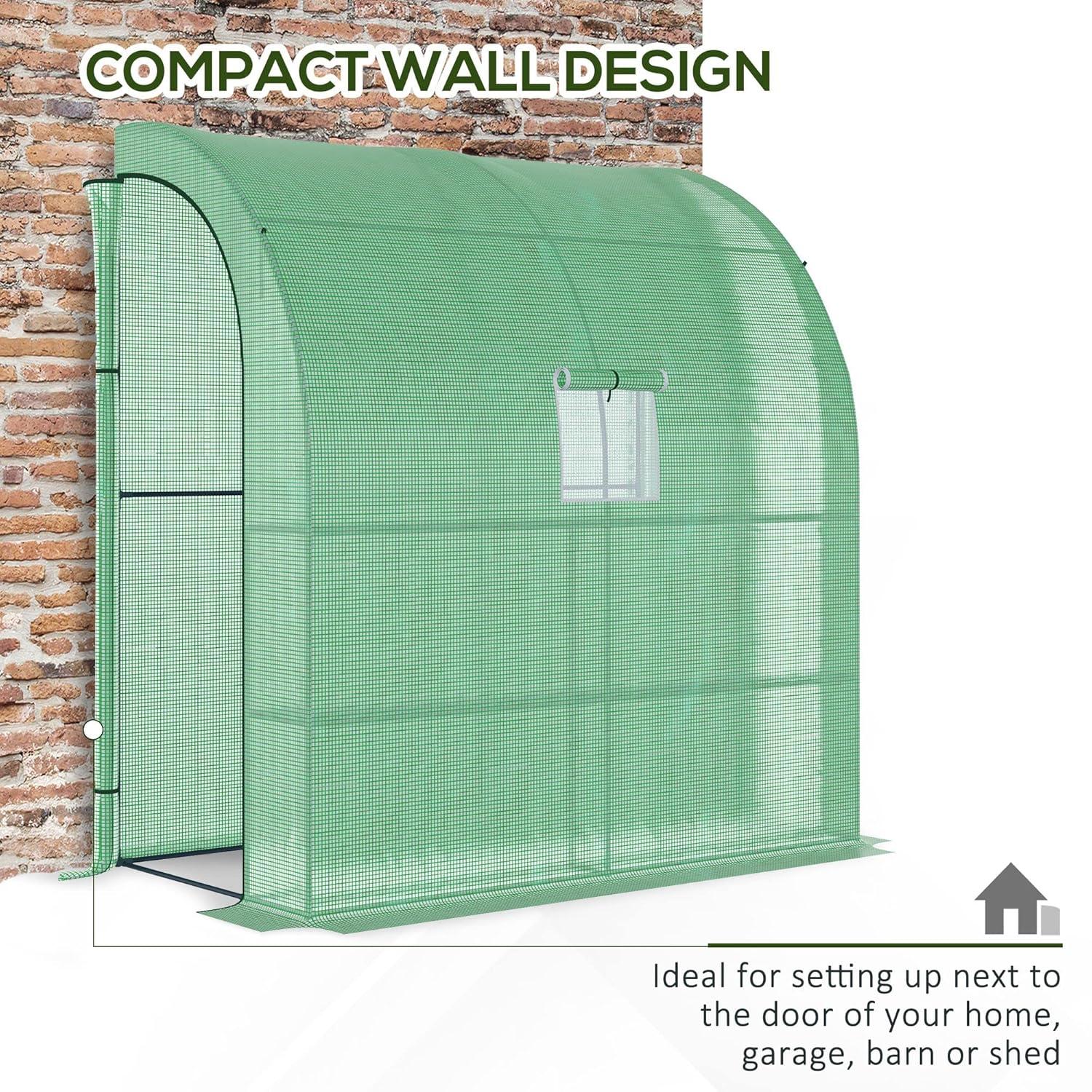HLILish Outsunny 7' X 3' X 7' Lean To Greenhouse, Walk-In Green House, Plant Nursery With 2 Roll-Up Doors And Windows, PE Cover And 3 Wire Shelves