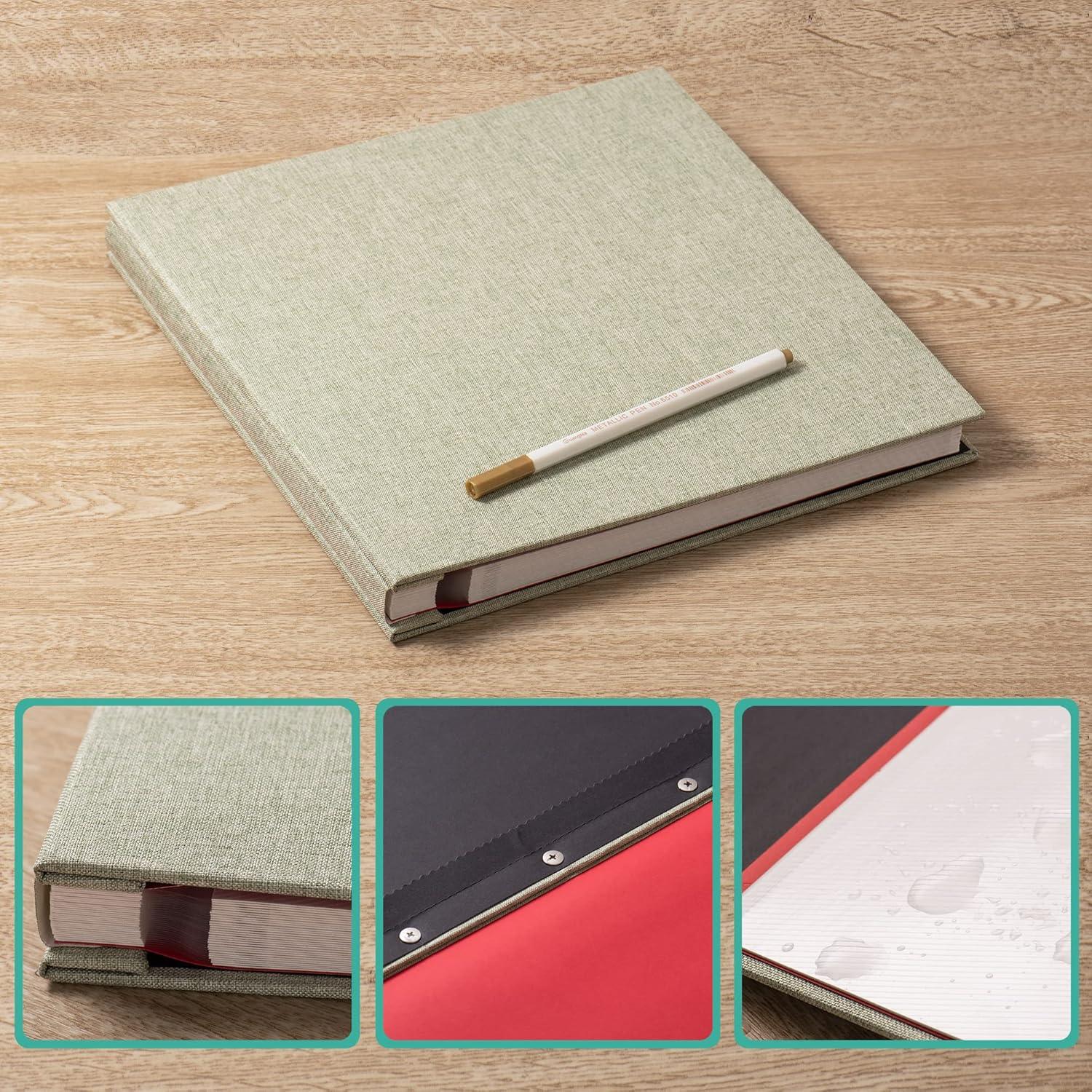 Photo Album Self Adhesive 3x5 4x6 5x7 6x8 8x10 8.5x11 11x10.6 Magnetic Scrapbook Album DIY Length 11x10.6 Inch 40 Pages Linen Cover DIY Photo Album with A Metallic Pen and DIY Accessories(Grass Green)