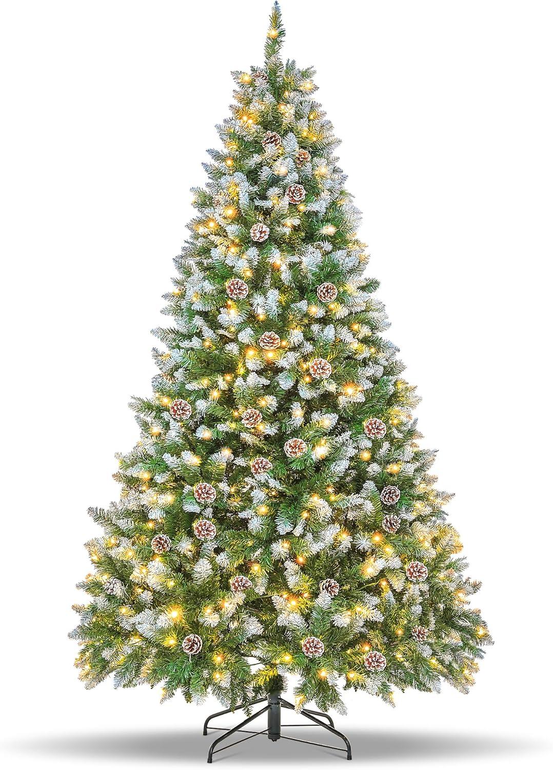 Ayieyill 6FT Pre-Lit Artificial Christmas Tree with 600 Snow Sprayed Tips 150 LED Lights 30 Snowflakes Ornaments