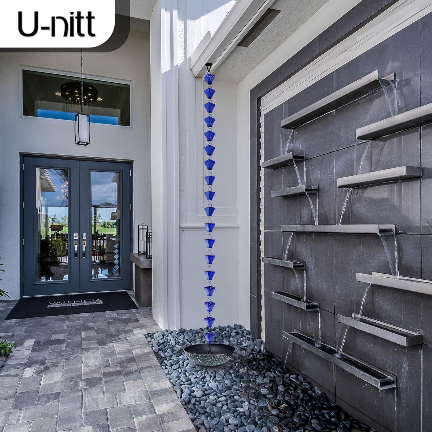 U-nitt Rain Chains, Roof Gutter Downspout Channel, Rainwater Catcher/Diverter, 8.5 FT, Metal, Blue Powder Coated, Texture Square, Modern, 5517BLU
