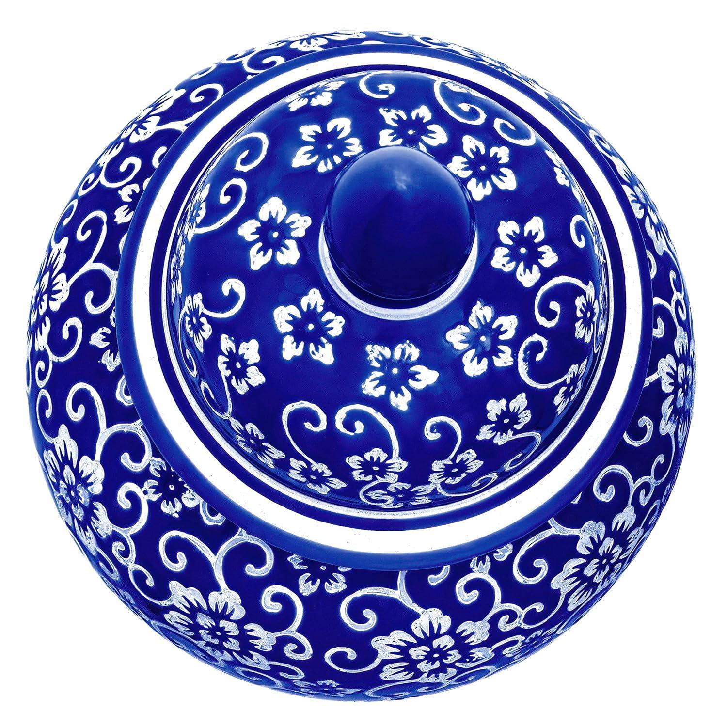 18" White Flowers on Blue Temple Jar