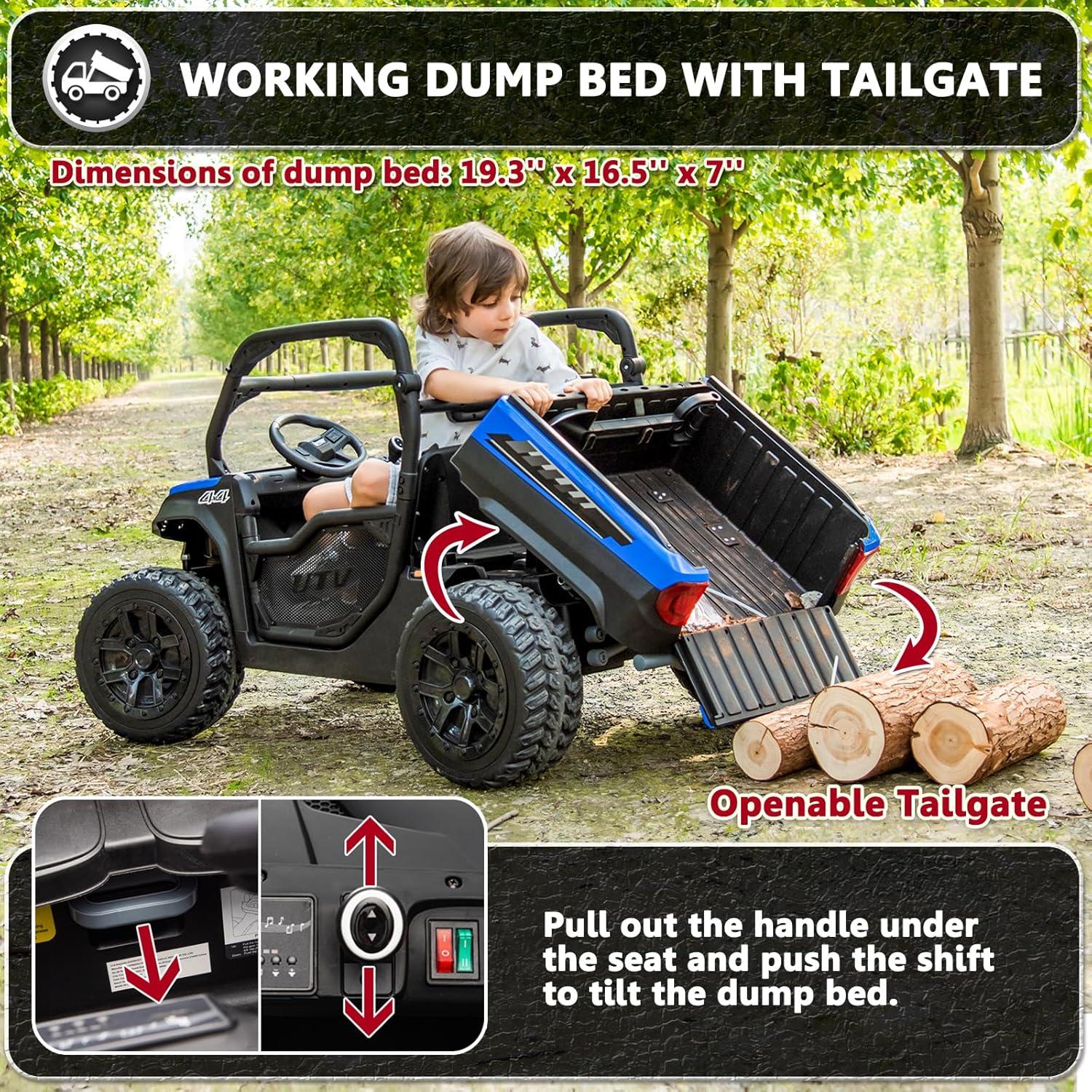 DreamDwell Home 4 Wheels 24V Ride on Dump Truck Toys 2 Seater Kids Ride On UTV Car with Remote Control,Electric Dump Bed