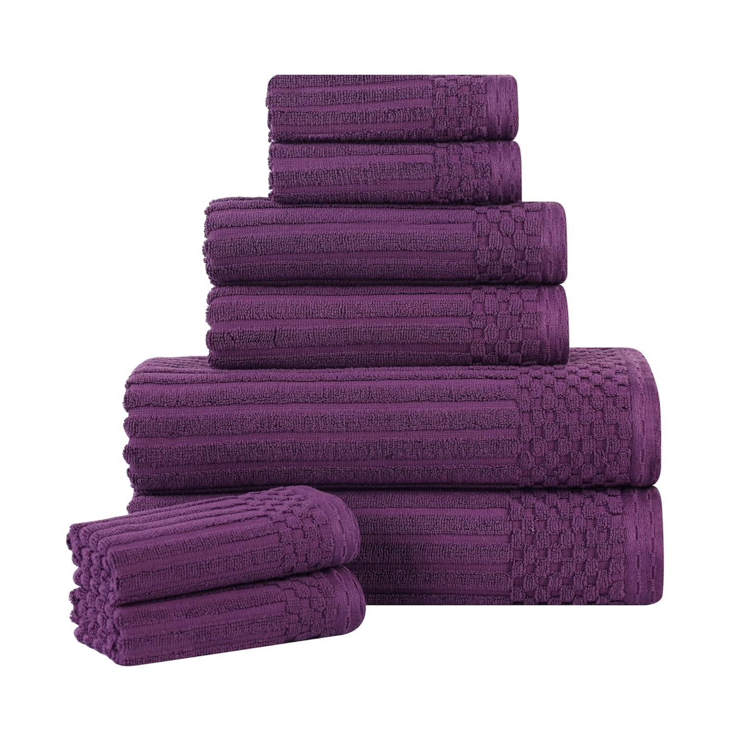 Superior Soho Cotton Ribbed Checkered 8 Piece Towel Set, Plum