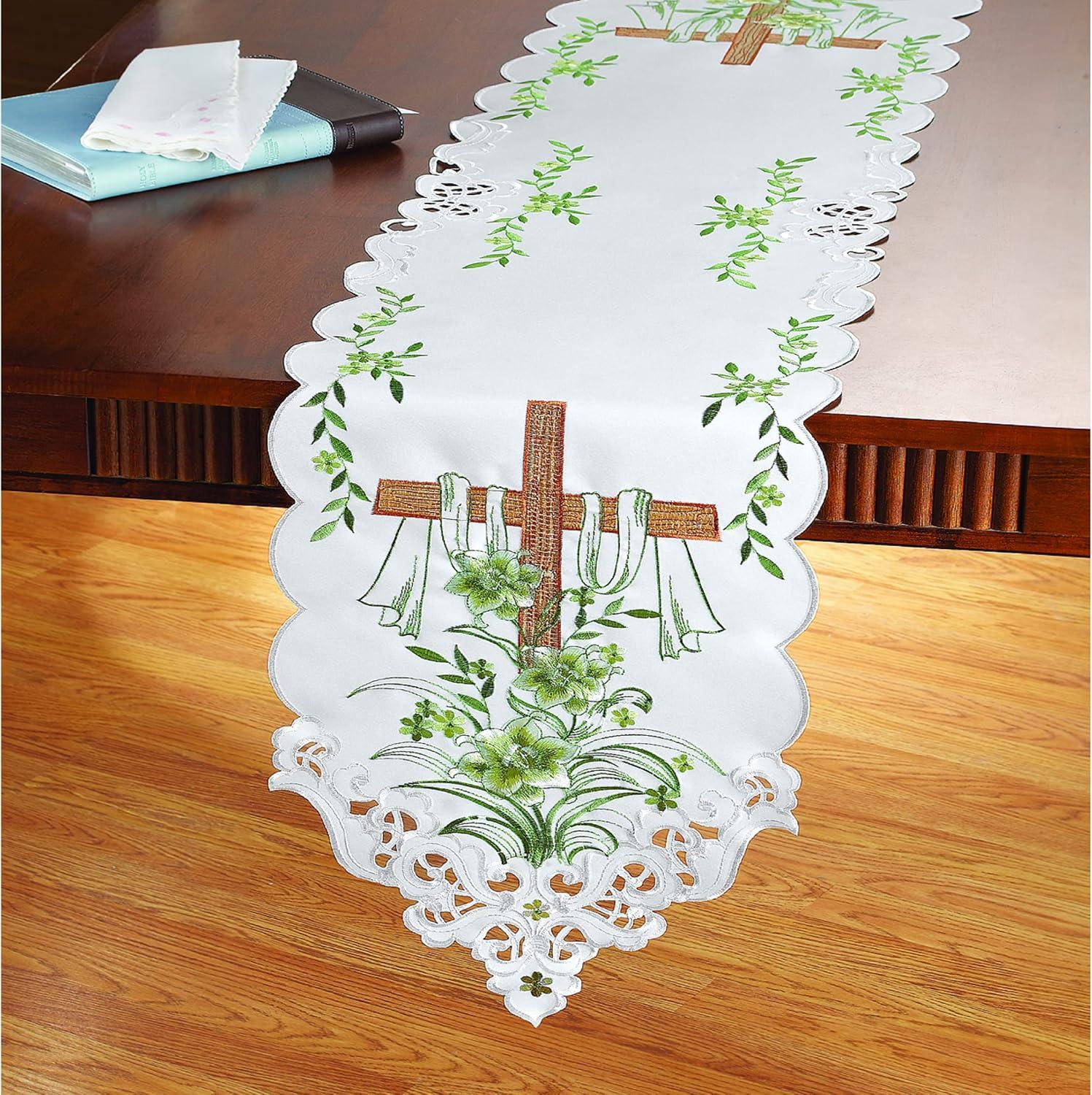 Collections Etc Embroidered Lily and Cross Easter Table Linens