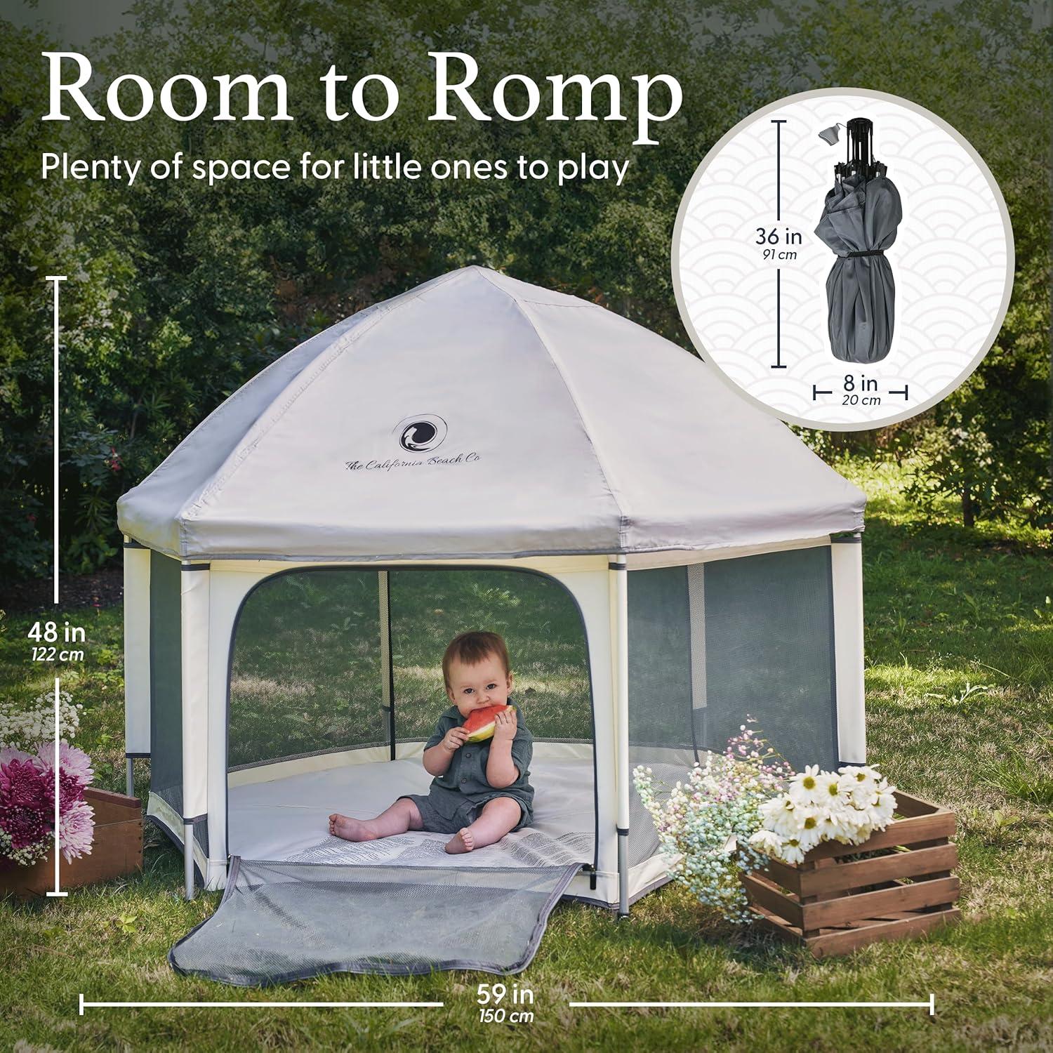 Warm Ivory Portable Pop-Up Playpen with Canopy and Travel Bag