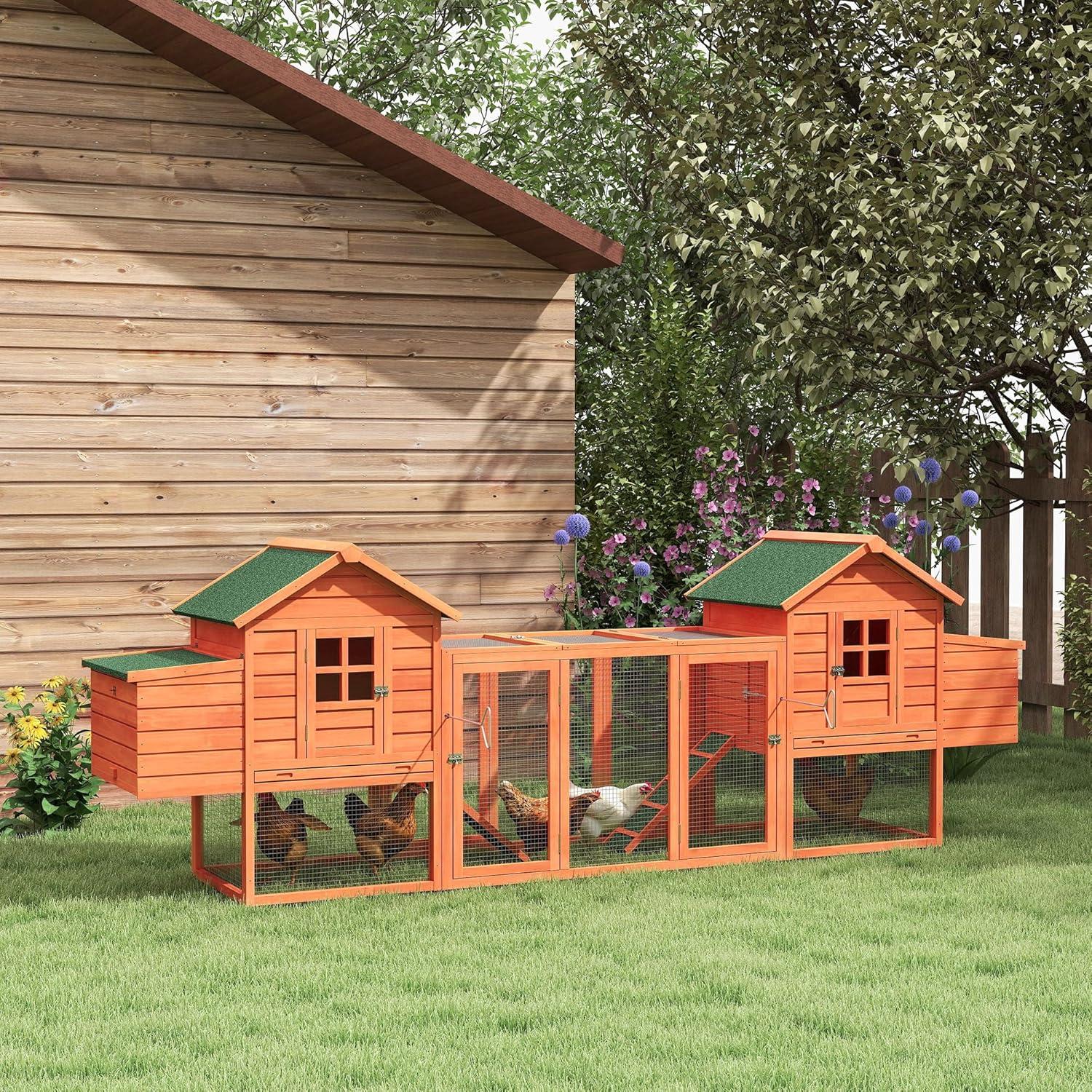 PawHut 124" Dual Chicken Coop, Wooden Large Chicken House, or Rabbit Hutch, Hen Poultry Cage Backyard with Outdoor Ramps and Nesting Boxes, Natural