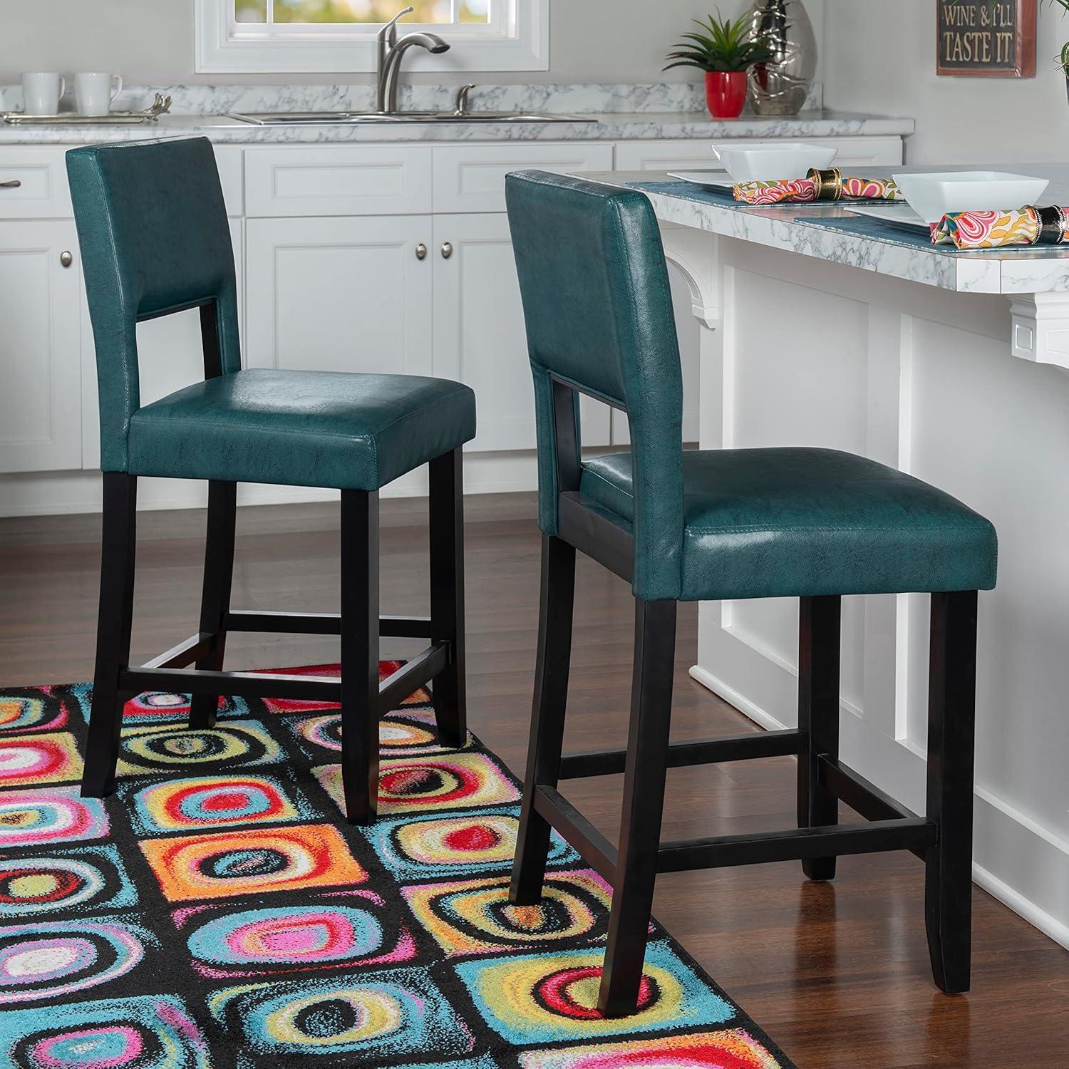 Linon 24" Vega Padded Back and Seat Faux Leather Counter Height Barstool Hardwood Blue: Upholstered, Stained Finish, Foam Fill