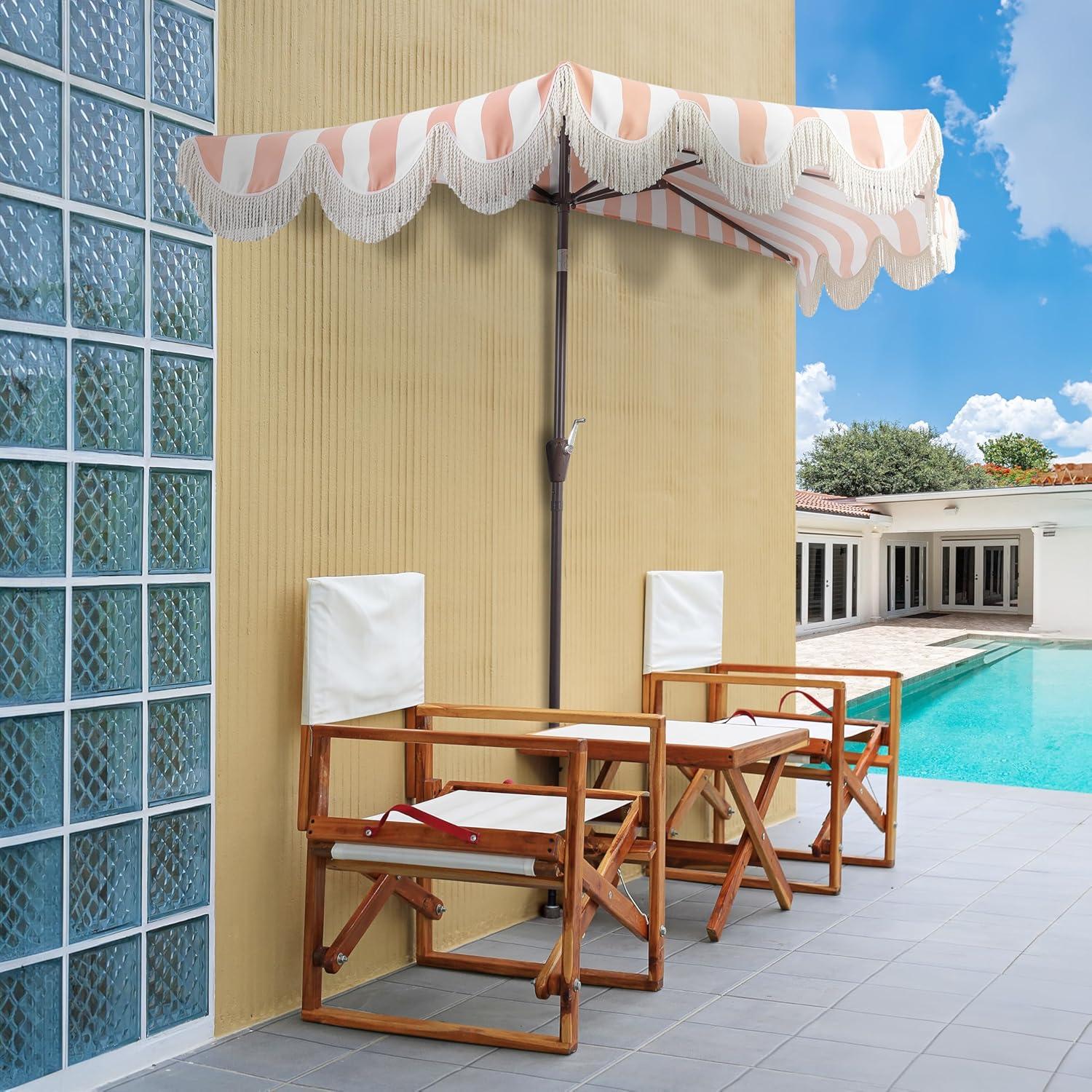 JONATHAN Y Half Umbrella UMB1201E Beverly 9 ft. Designer Classic Scalloped Fringe Market Patio with Crank, Push Button Tilt and UV Protection in Coral Pink/White