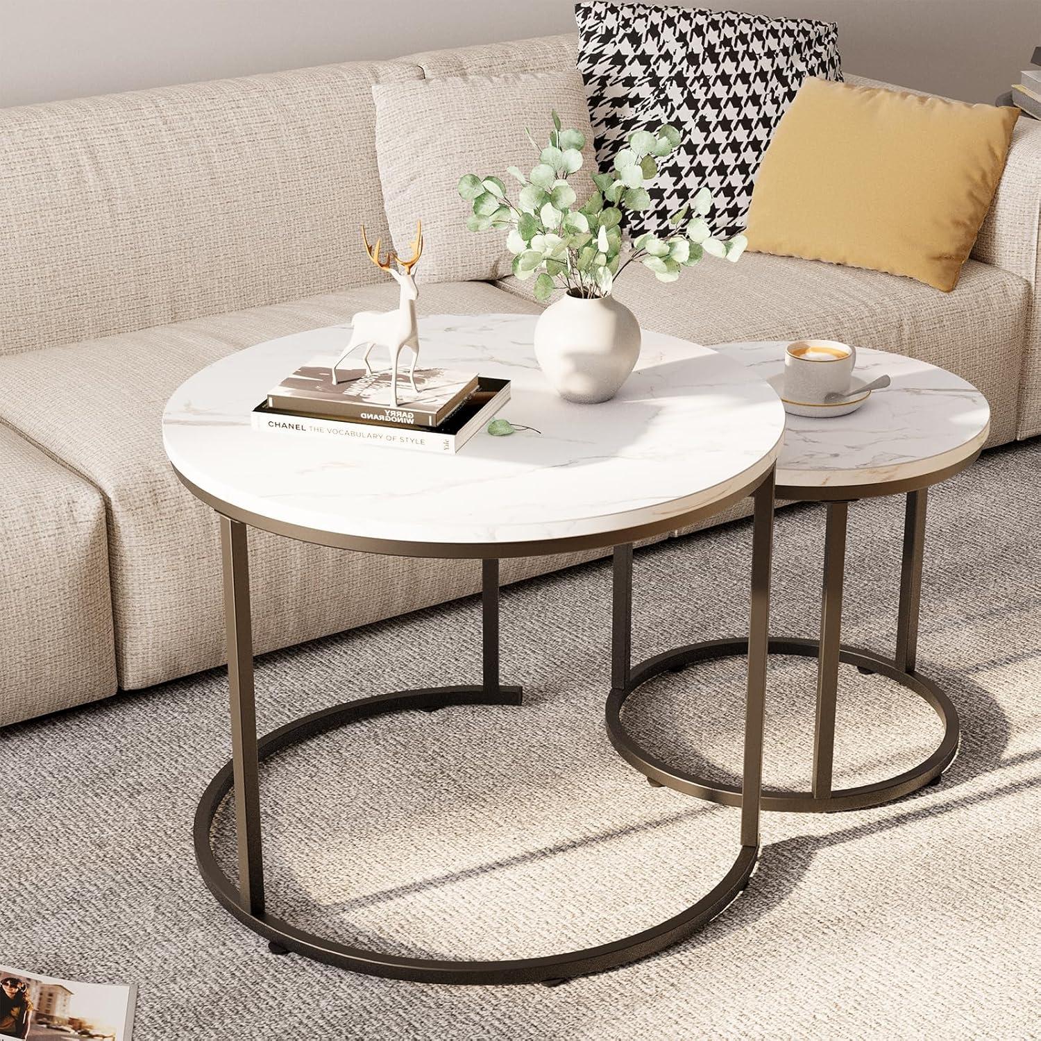 White Faux Marble and Black Metal Round Nesting Coffee Table Set