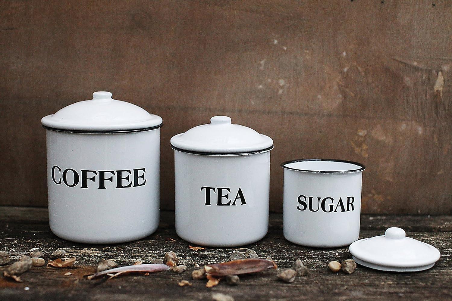 Storied Home Set of 3 'Coffee Tea Sugar' Metal Containers with Lid: Kitchen Canister Set for Coffee & Tea Storage