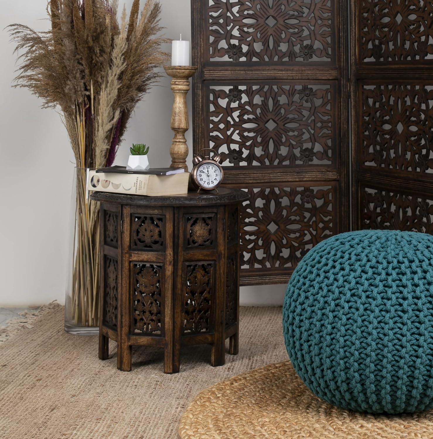 Hand-Carved Antique Brown Mango Wood Round Accent Table