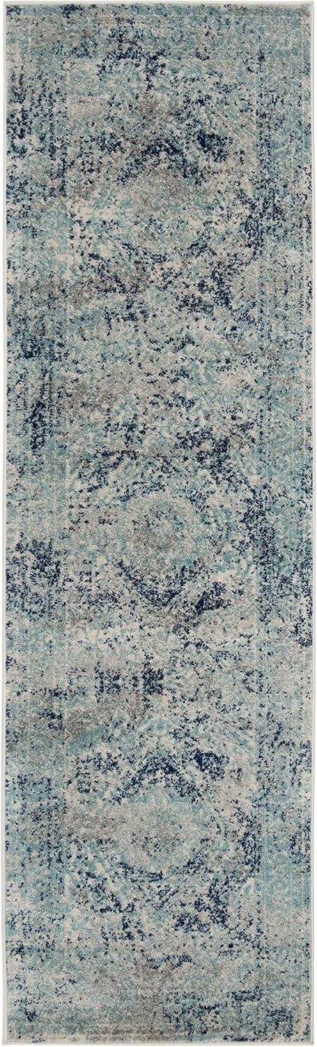 Ivory and Blue Floral Motif Synthetic Runner Rug