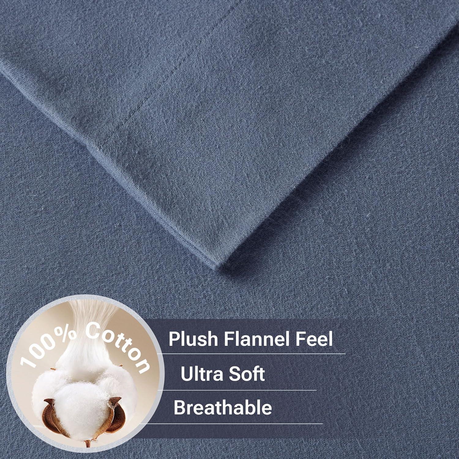Full Size Bed Sheets Set, 4-Piece Cozy Cotton Flannel Sheets Set Full with Deep Pocket Fitted Sheet, Blue Solid