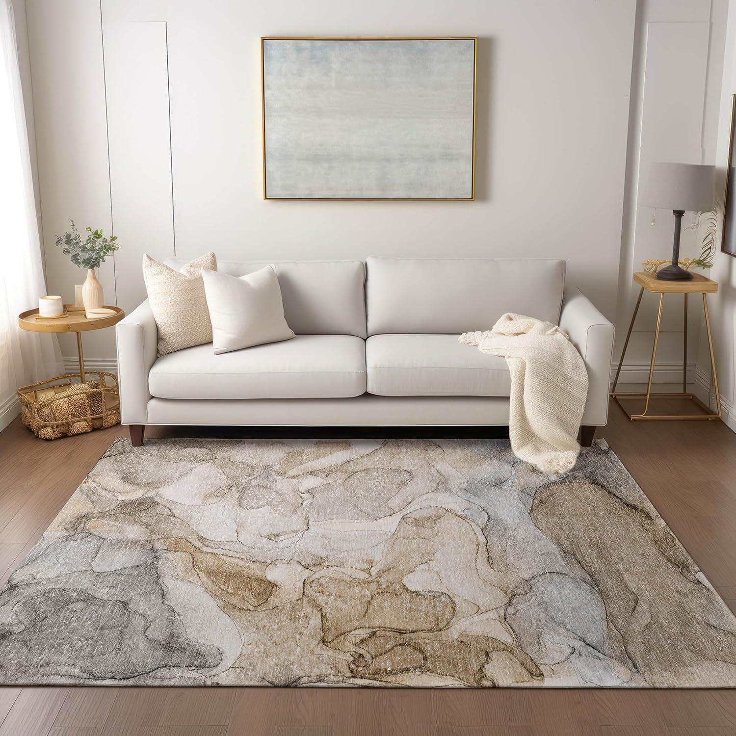 Beige and Gray Watercolor Synthetic 8' x 10' Area Rug