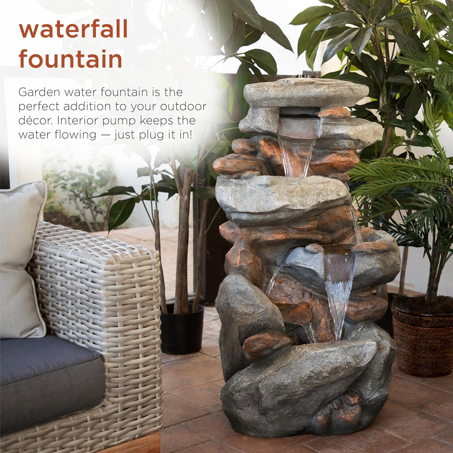 Gray Polystone Rock Waterfall Fountain with LED Light