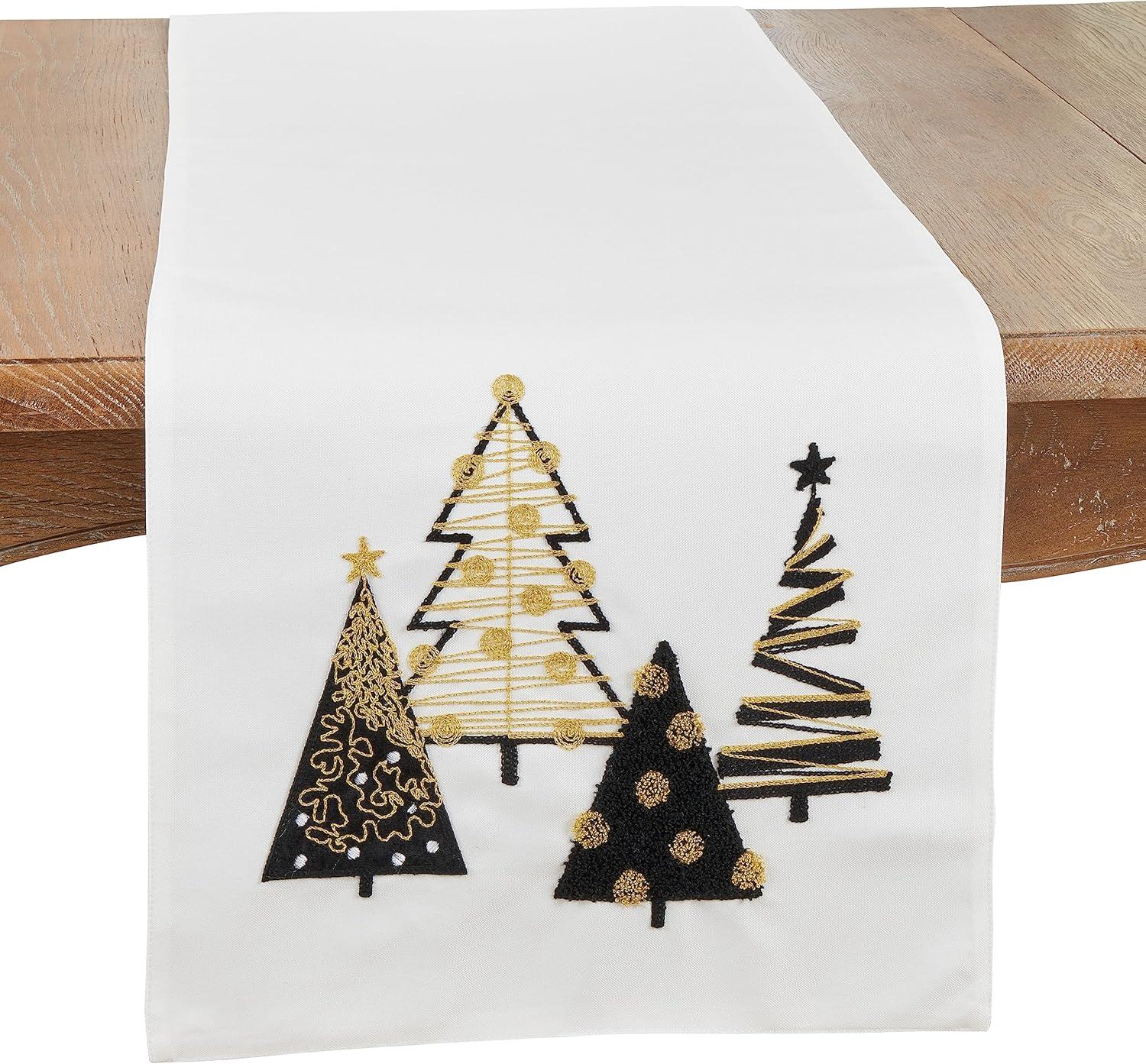 Saro Lifestyle Whimsical Christmas Trees Table Runner, 16"x70", White