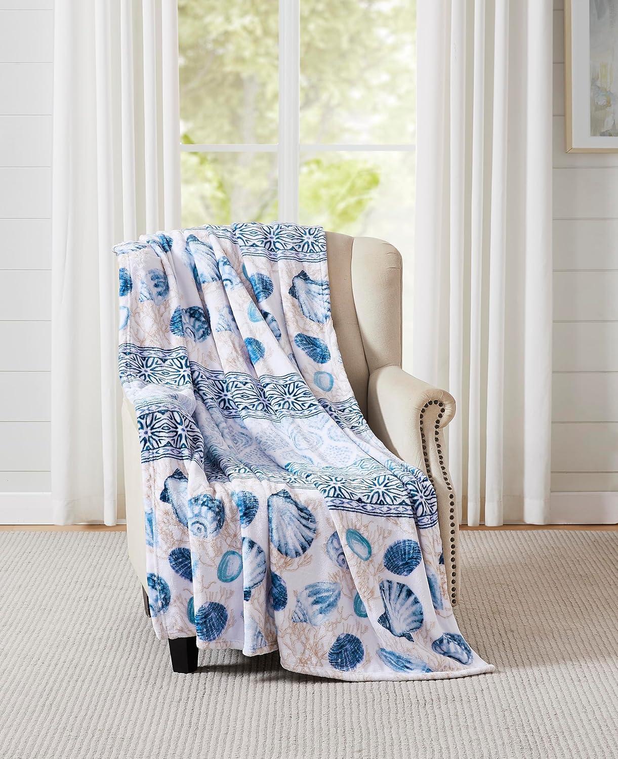 Coastal Ocean Life Fleece Throw Blanket, 50" x 70", Blue and White