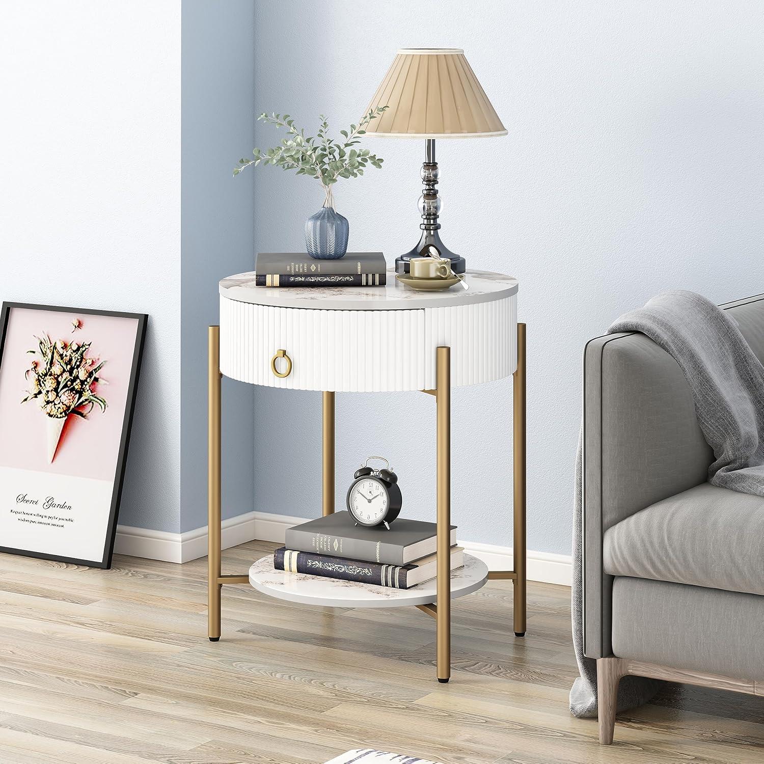 ASYA Gold End Table with Drawer, 2-Tier Nightstand Side Table with Natural Stone Top, Round Bedside Table Accent Table for Living Room Bedroom