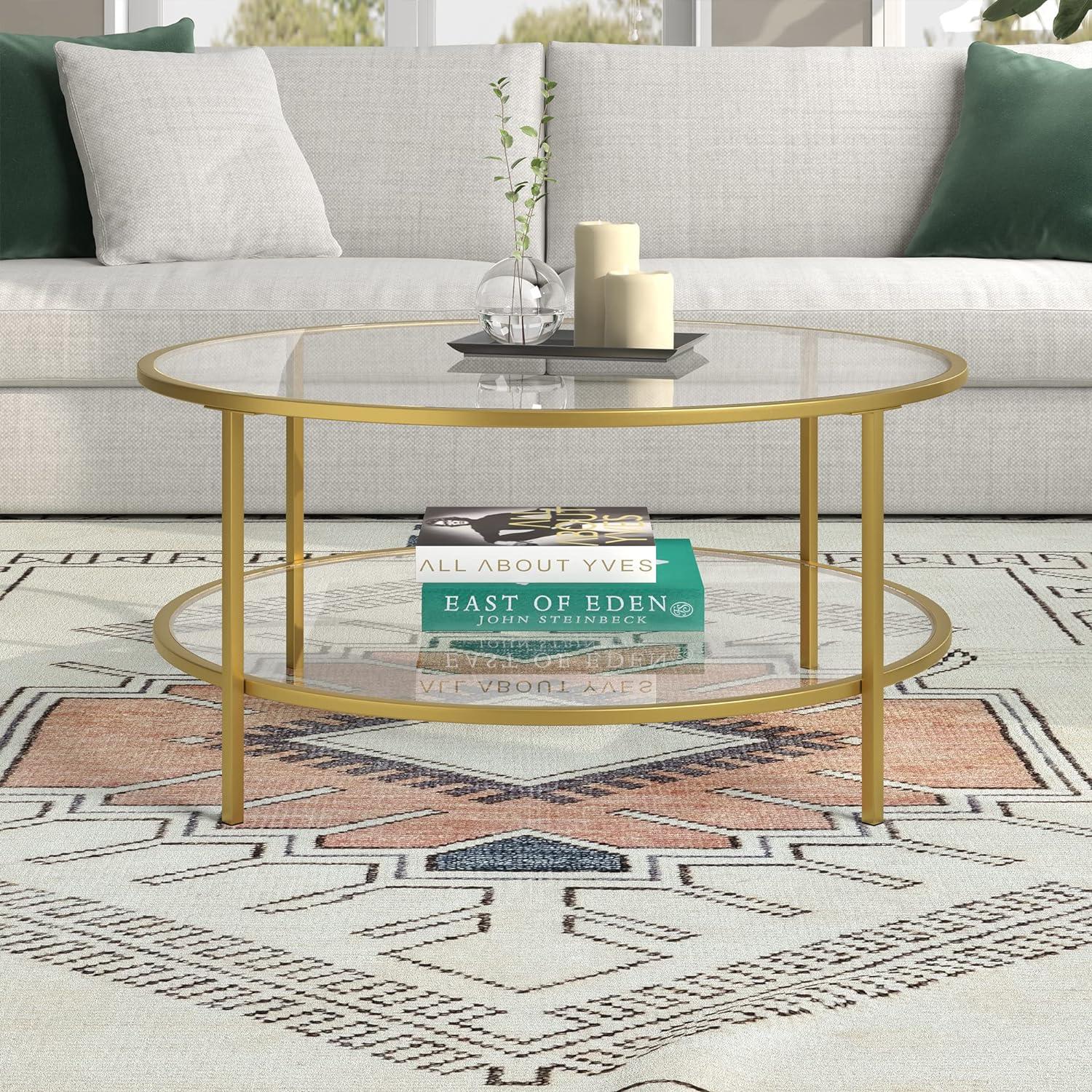 Round Metal Base Coffee Table in Brass with Glass Top - Henn&Hart