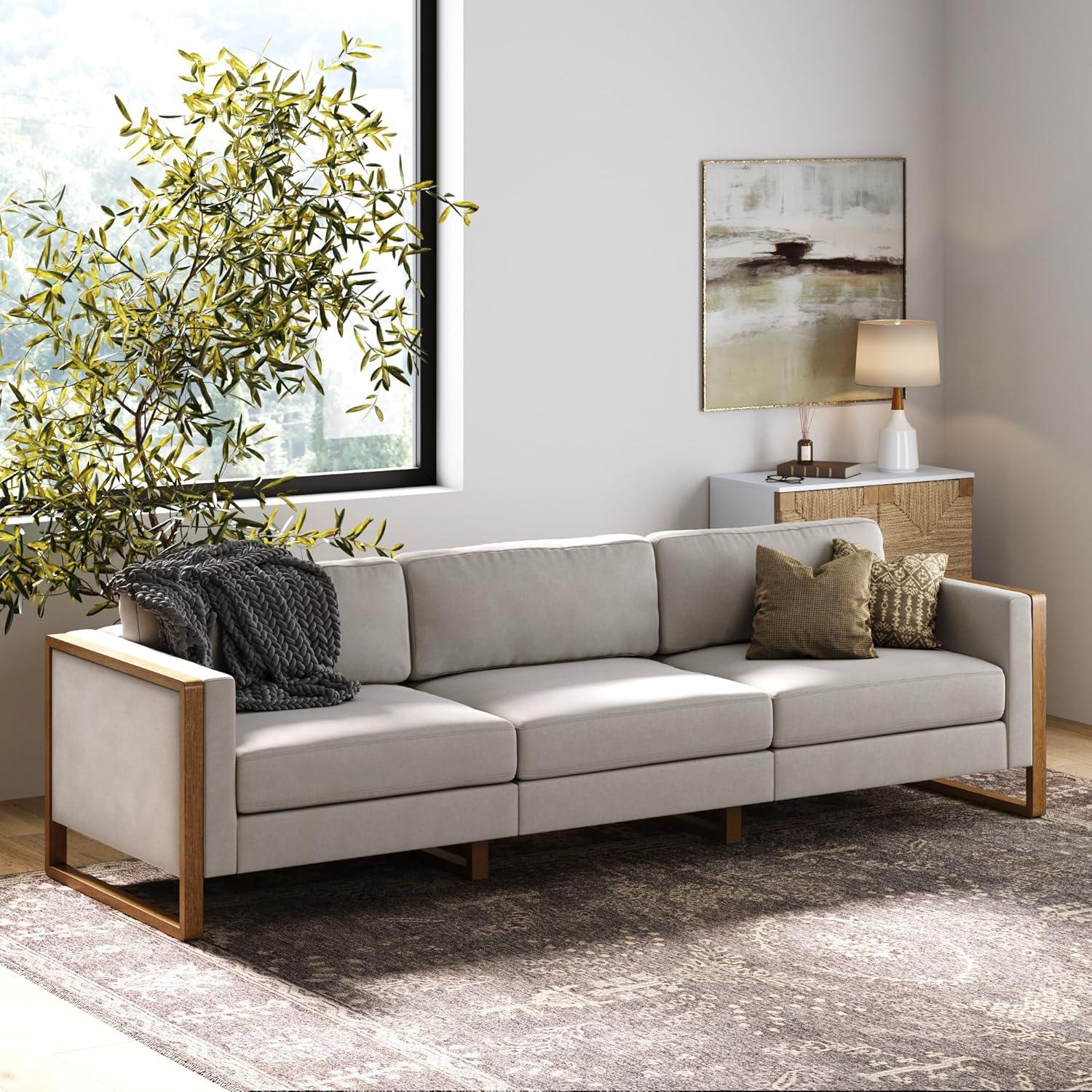 Nathan James Madison Modern 3-Seater Sofa, Upholstered Modular Sofa or Couch for Living Room with Solid Wood Legs, Sand/Light Brown