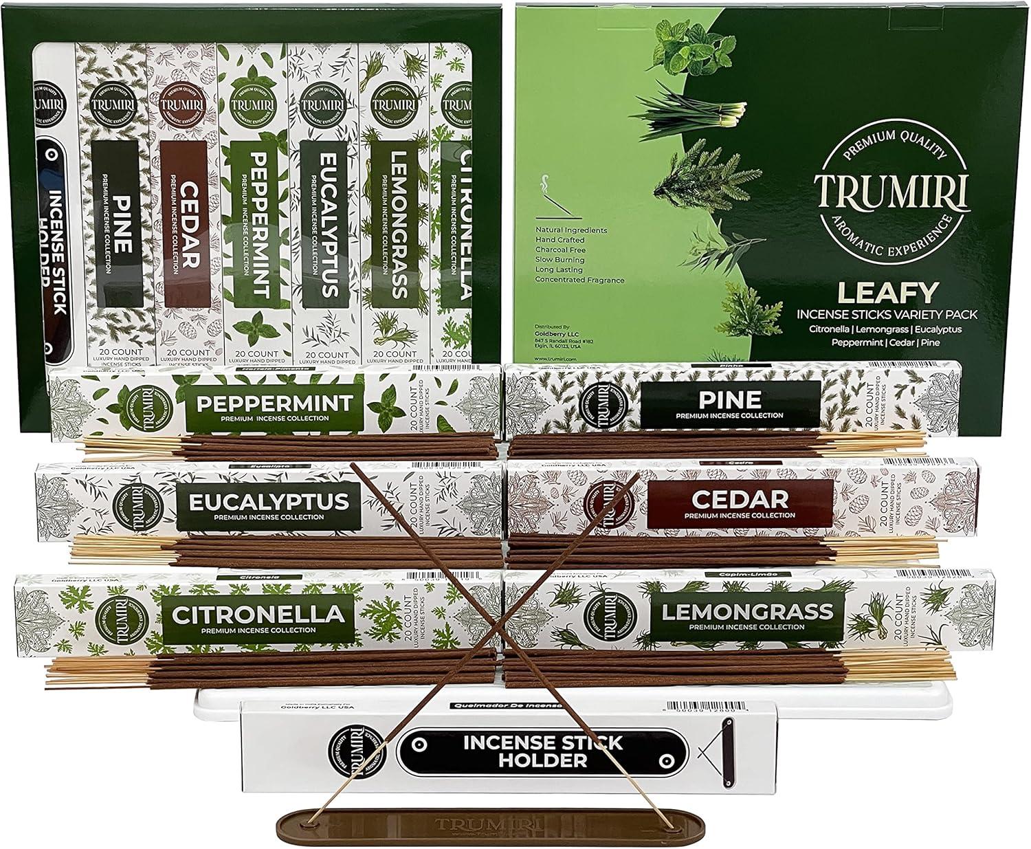 Trumiri Leafy Incense Sticks Variety Pack & Incense Burner - Gift Set - 120 Incents (6 fragrances x 20 pieces each) - Citronella, Lemongrass, Eucalyptus, Peppermint, Pine, Cedar