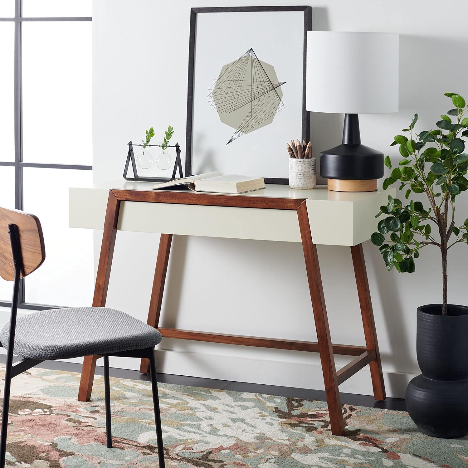 Mid-Century Modern White and Walnut Writing Desk with Drawer