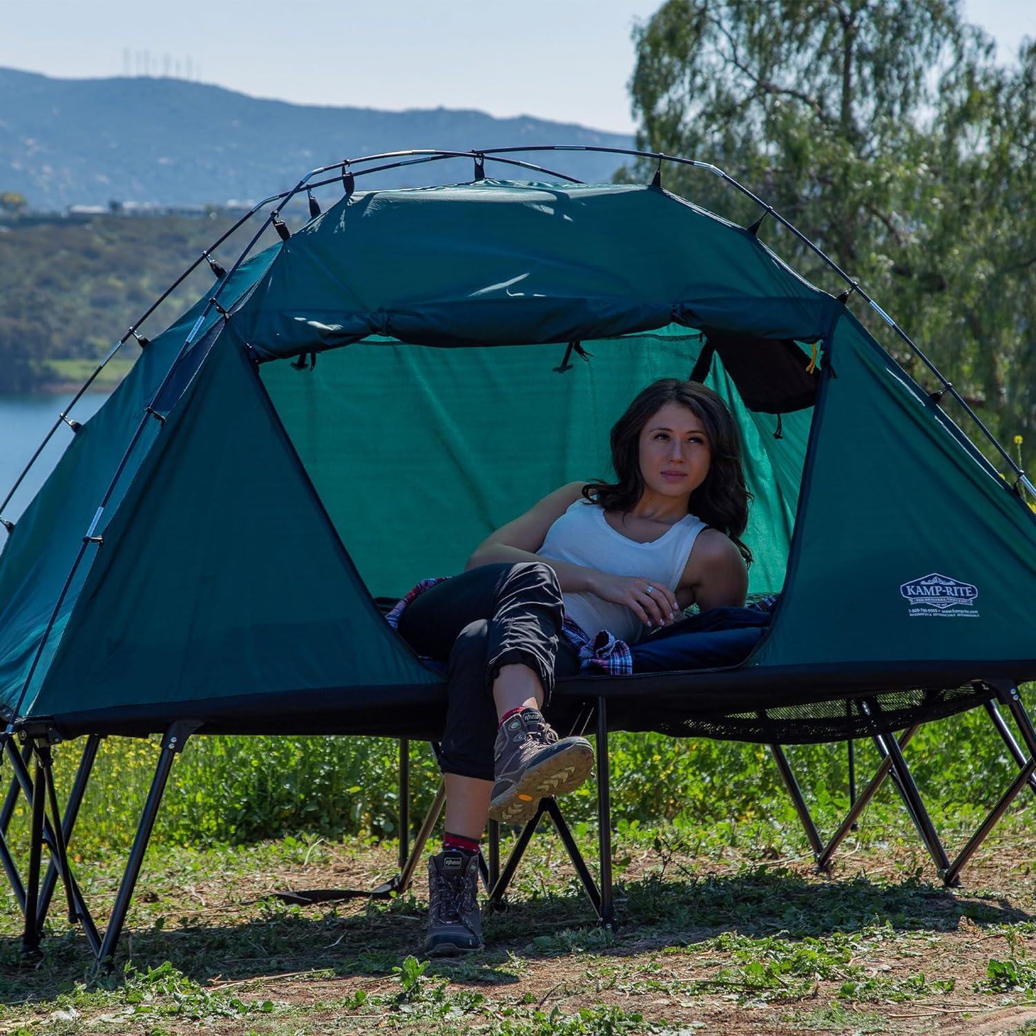 Kamp-Rite DCTC Collapsible Double Compact 2 Person Tent Cot w/Bag & Rain Fly, Easy Set Up, Green