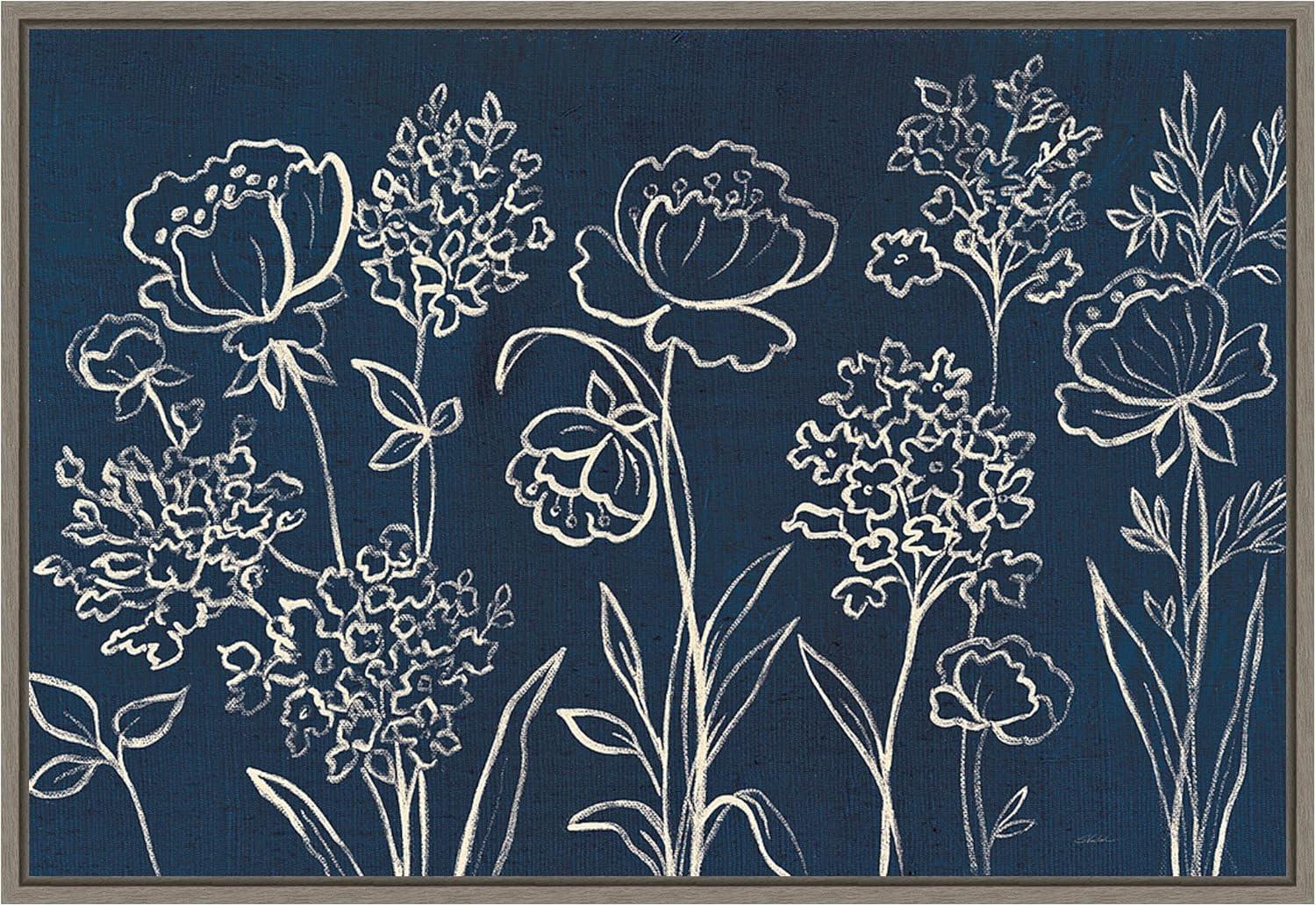 Indigo and White Floral Canvas Print with Gray Frame