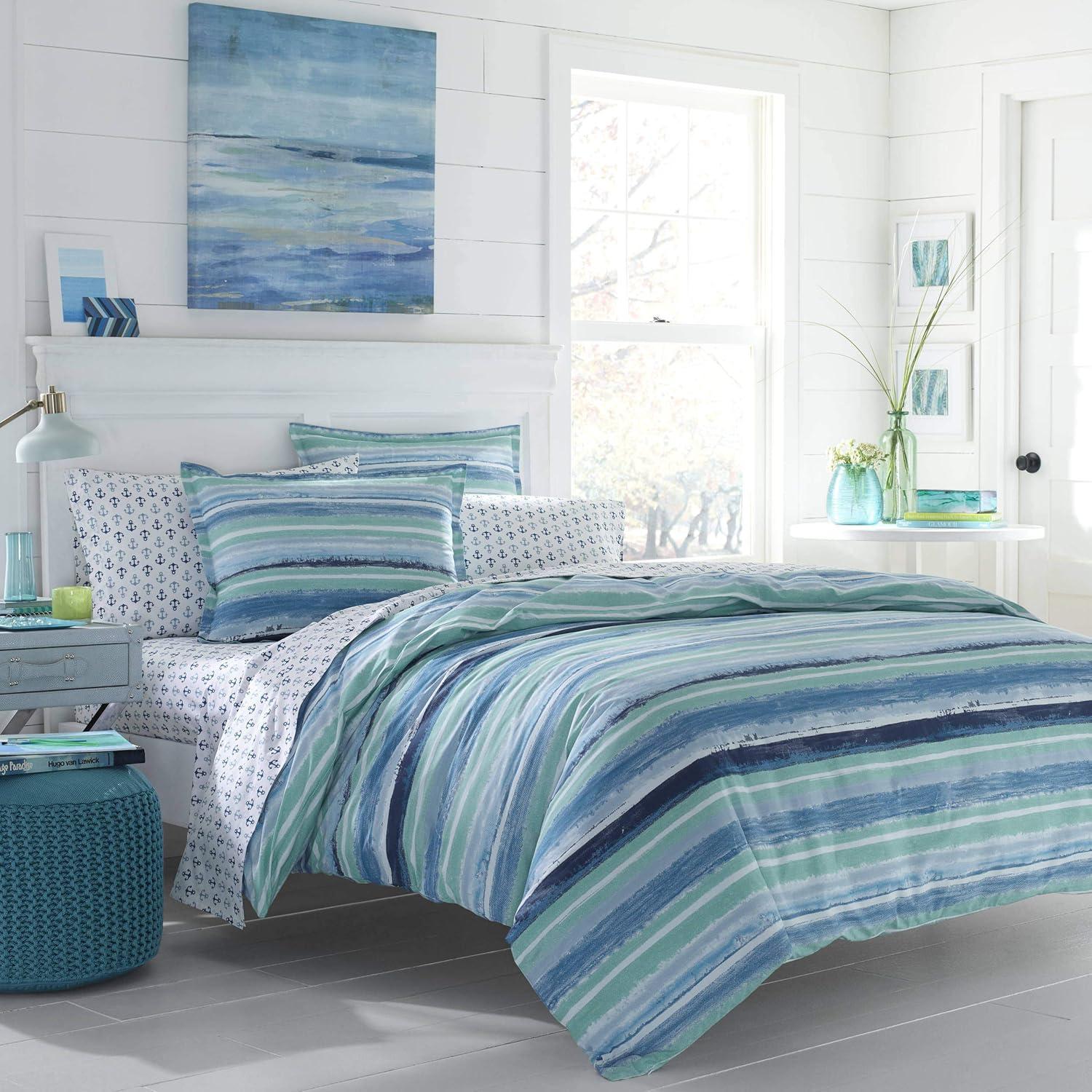 Twin Blue Cotton Reversible Nautical Comforter Set