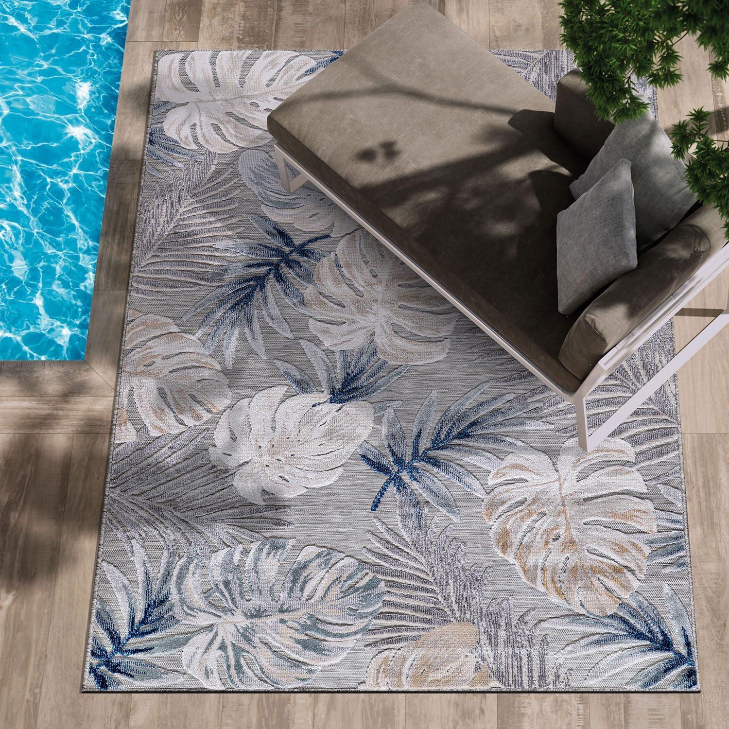 CAMILSON Spring Leaf Tropical Botanical Easy-Cleaning Non-Shedding Washable Outdoor Indoor Area Rug Blue 9x12