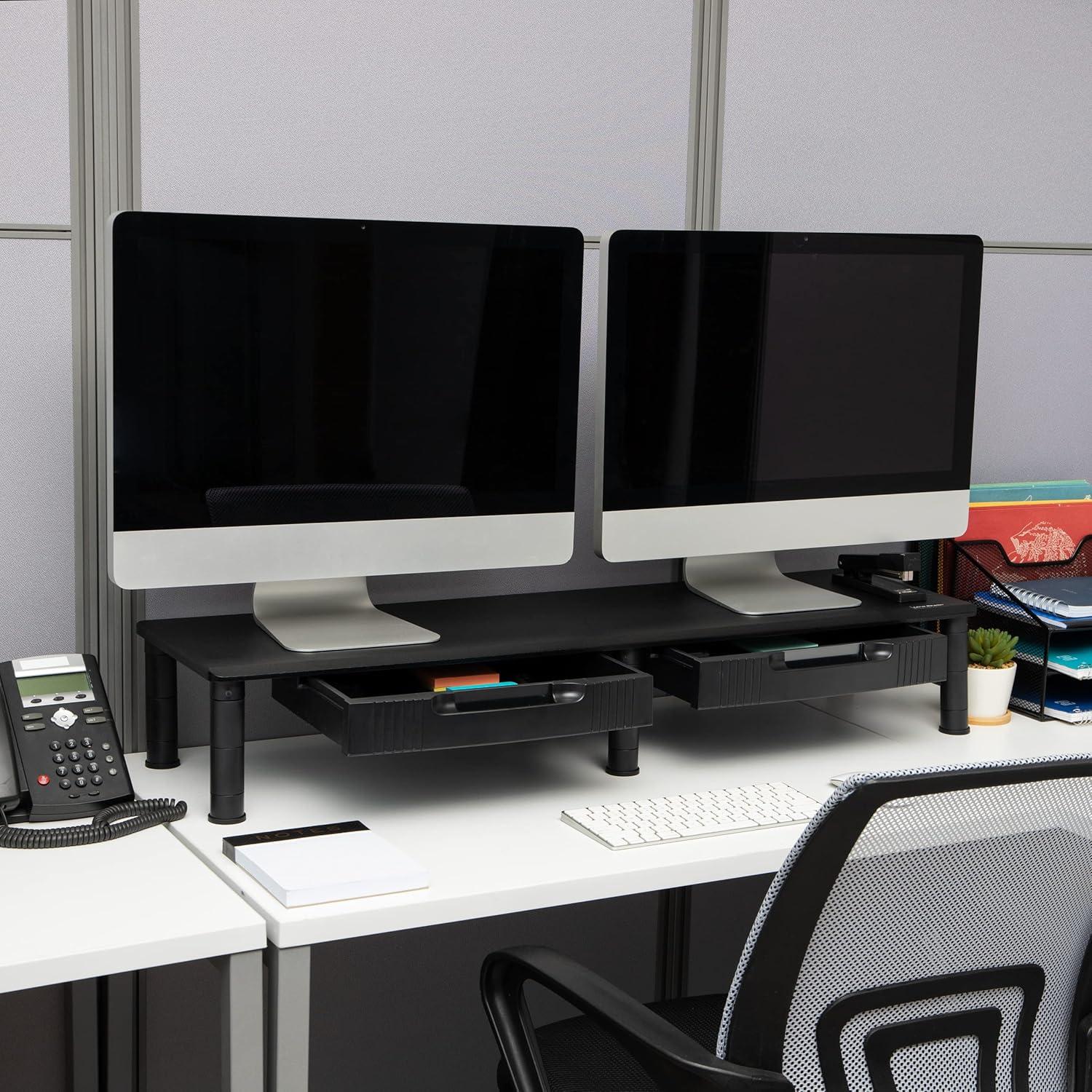 Black MDF Adjustable Dual Monitor Stand with Storage Drawers