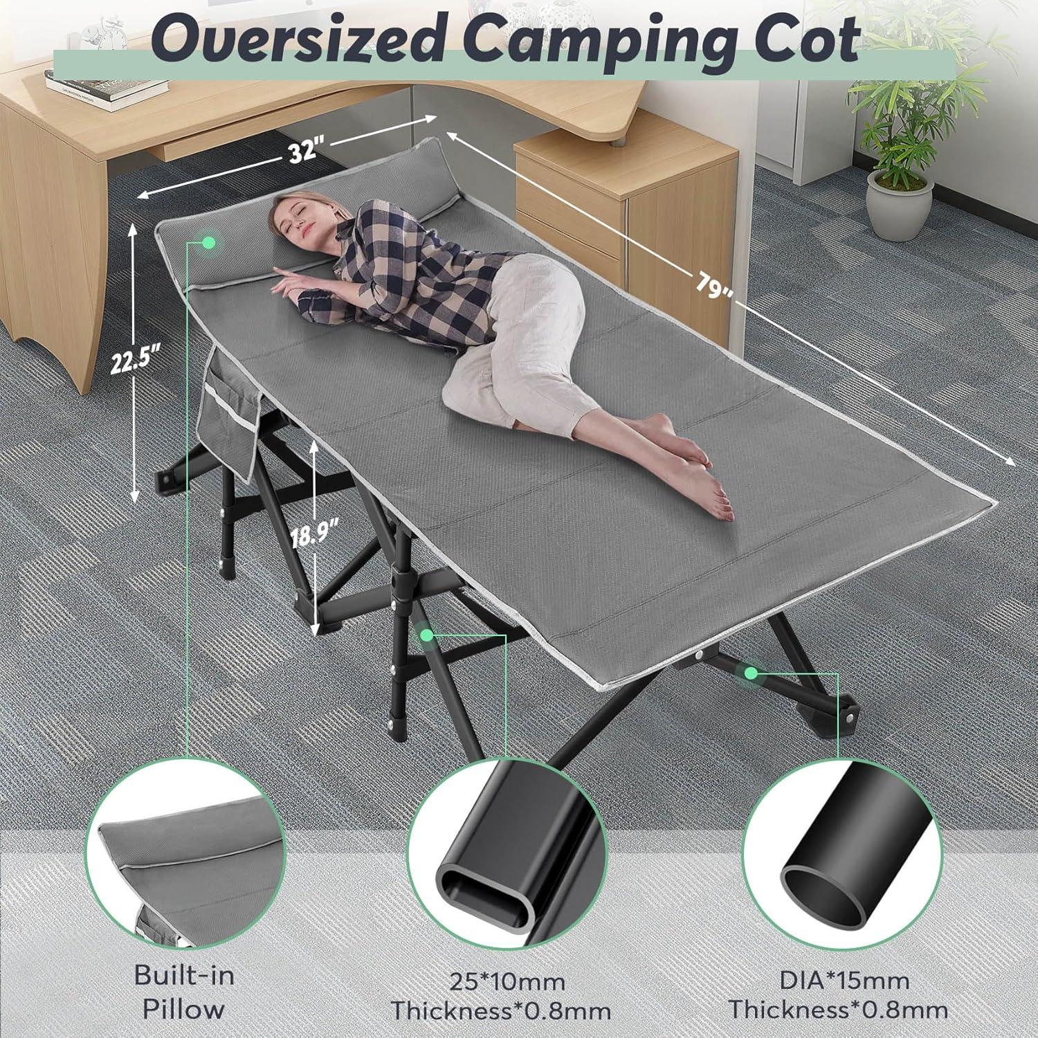 XXL Gray Folding Camping Cot with Black Mattress