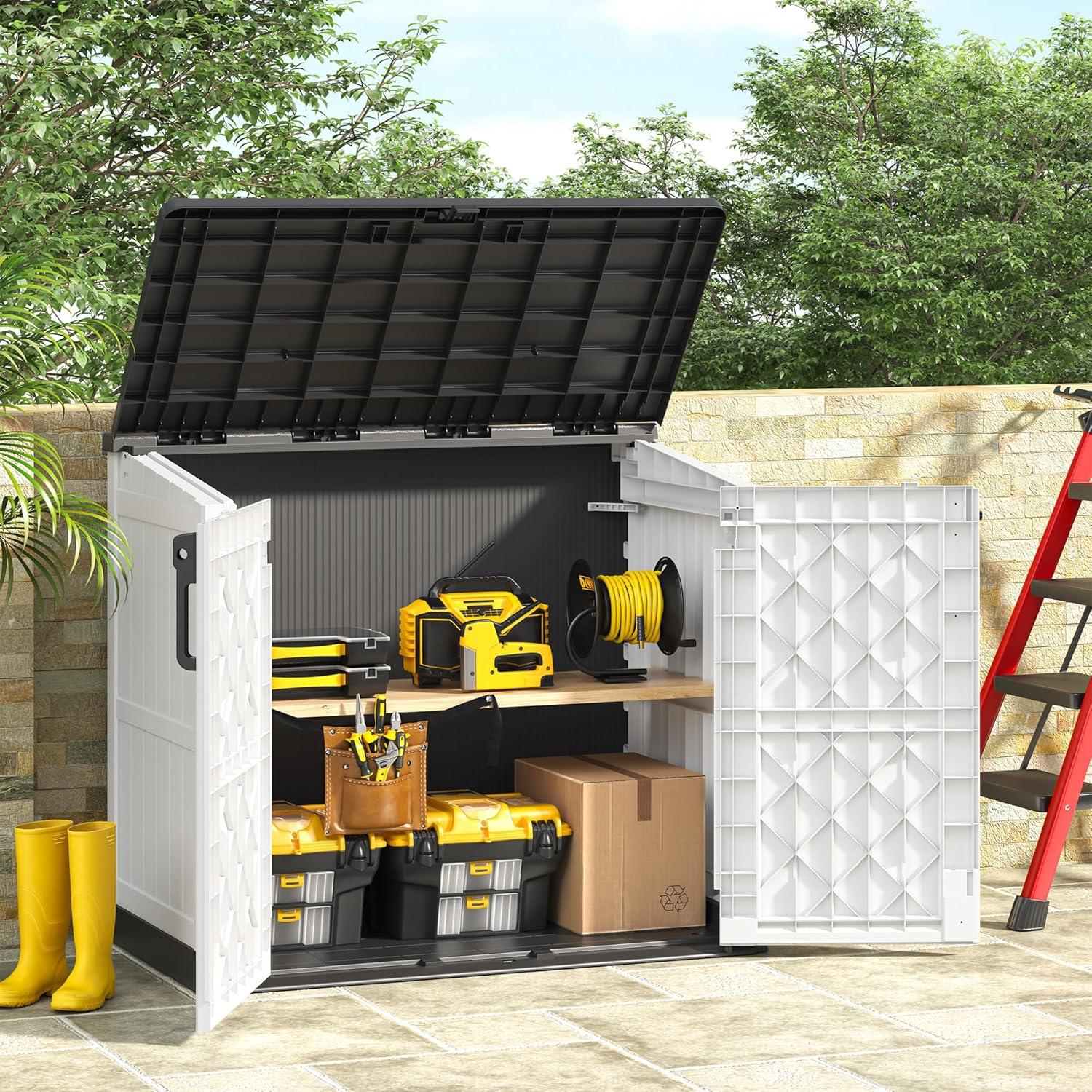 Outdoor Storage Shed 36 Cu. Ft.Horizontal Garden Storage Extra Large Capacity Weather Resistant Storage Box, Lockable Resin Waterproof Shed for Easy Storage of Garbage Cans, Tools, Lawn Mower