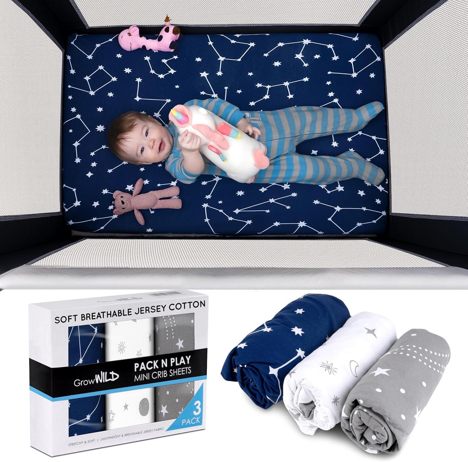 GROW WILD Pack n Play Fitted Sheets 3 Pack - 38” x 24" Jersey Cotton Crib Sheets