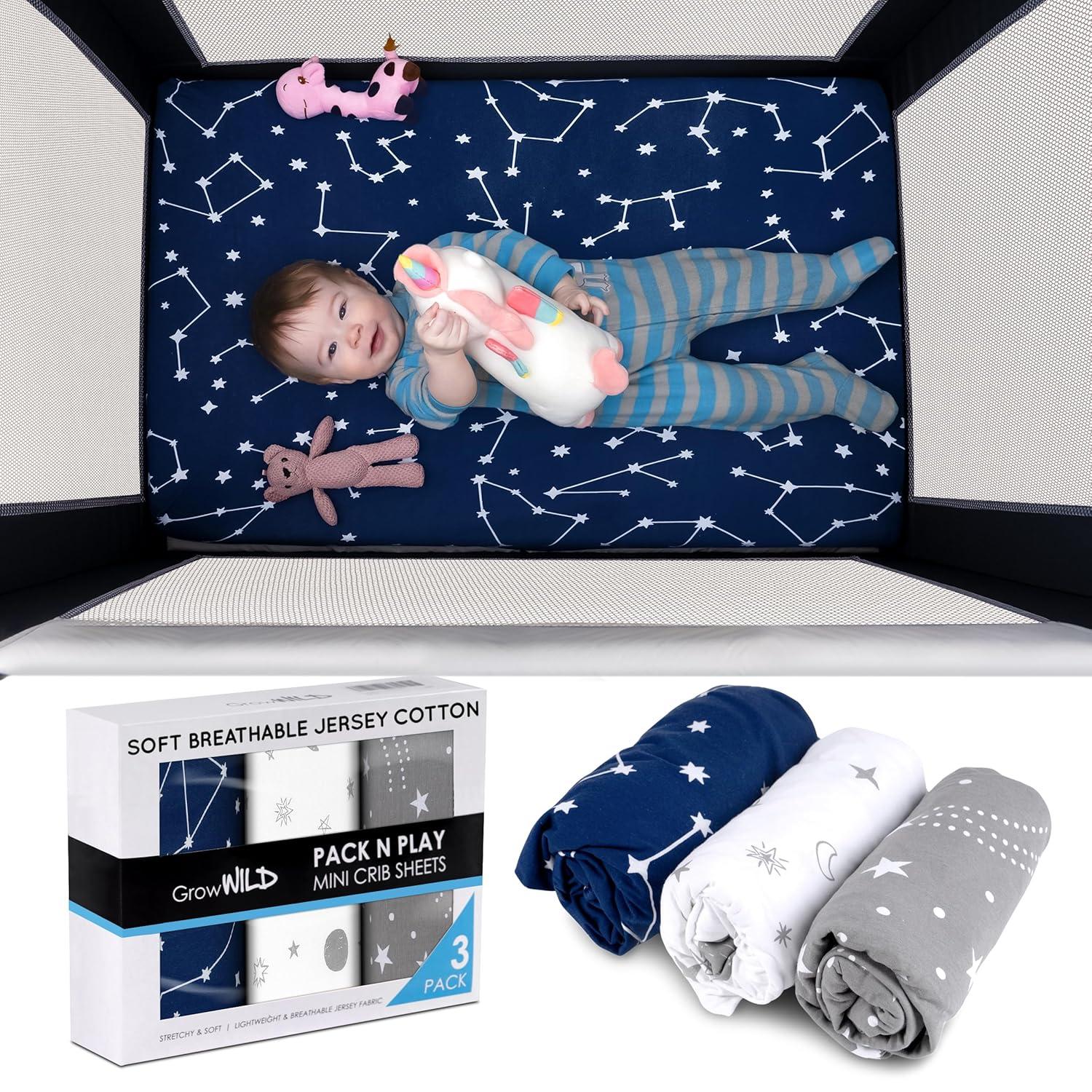 GROW WILD Pack n Play Fitted Sheets 3 Pack - 38” x 24" Jersey Cotton Crib Sheets