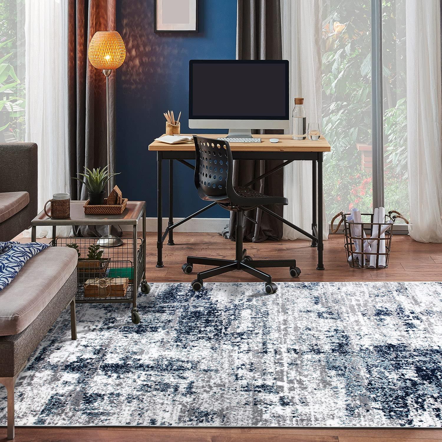 World Rug Gallery Distressed Abstract Area Rug - Blue 6'6"x6'6": Stain-Resistant, Low Pile, Pet Friendly, Machine Made